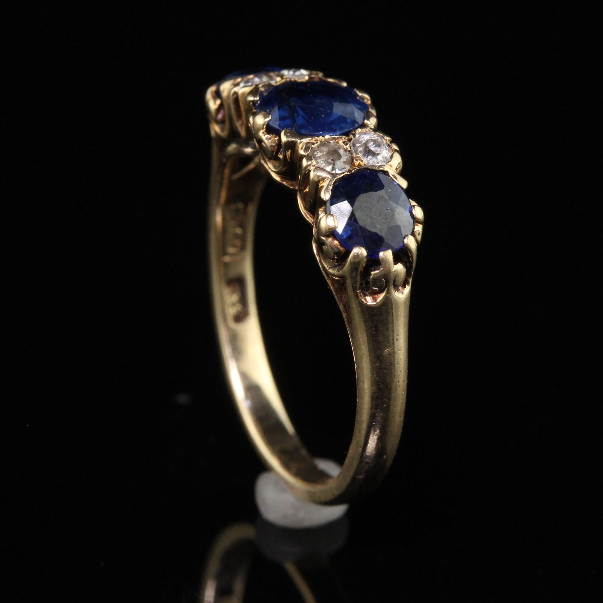 Antique Victorian 14K Yellow Gold Natural Sapphire and Diamond Three Stone Band  2