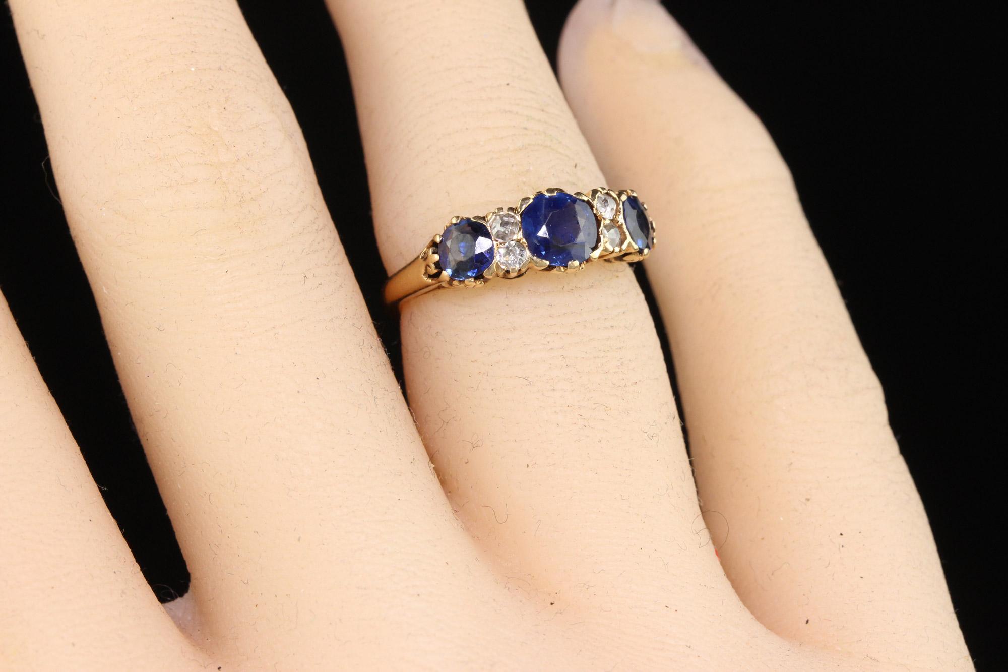 Antique Victorian 14K Yellow Gold Natural Sapphire and Diamond Three Stone Band  For Sale 3