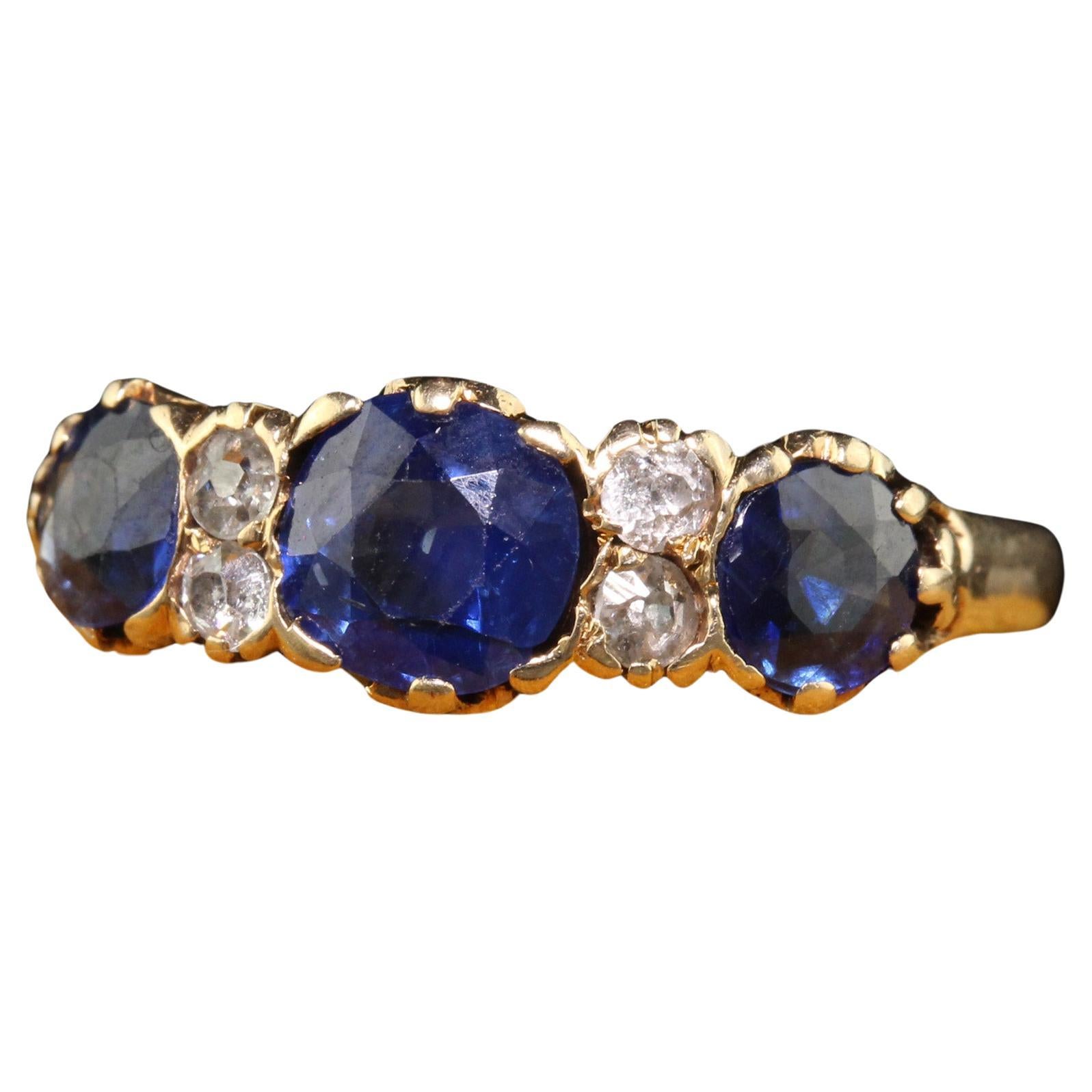 Antique Victorian 14K Yellow Gold Natural Sapphire and Diamond Three Stone Band  For Sale