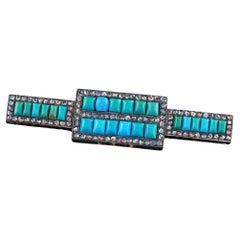 Antique Victorian 14K Yellow Gold Natural Turquoise and Diamond Bar Pin