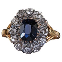 Antique Victorian 14K Yellow Gold Old Cushion Sapphire Diamond Engagement Ring