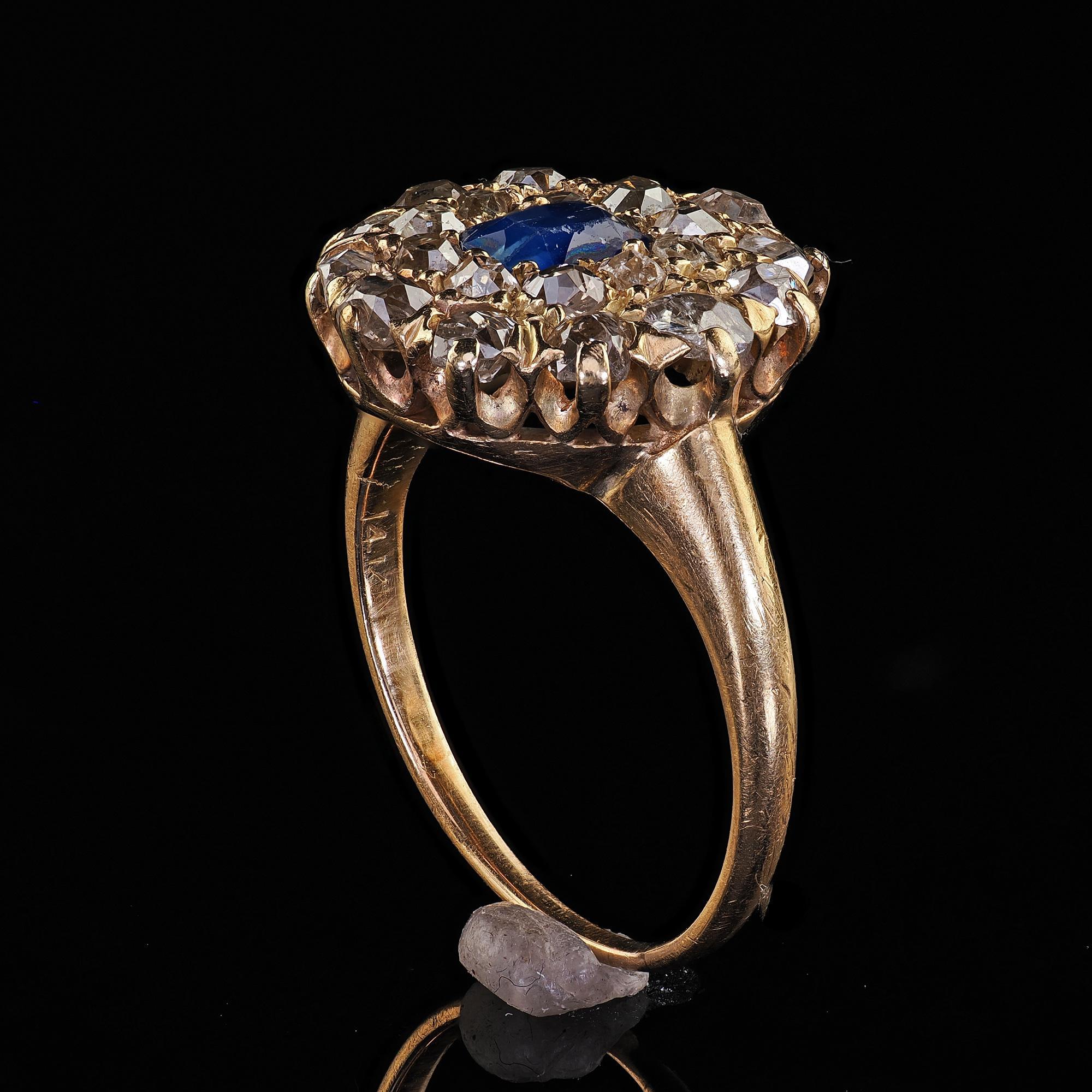 Antique Victorian 14K Yellow Gold Old Cut Diamond and Sapphire Cluster Ring 5