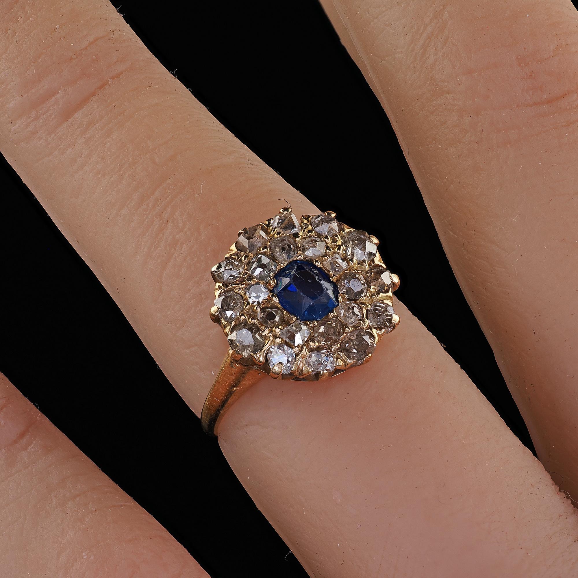 Antique Victorian 14K Yellow Gold Old Cut Diamond and Sapphire Cluster Ring 6