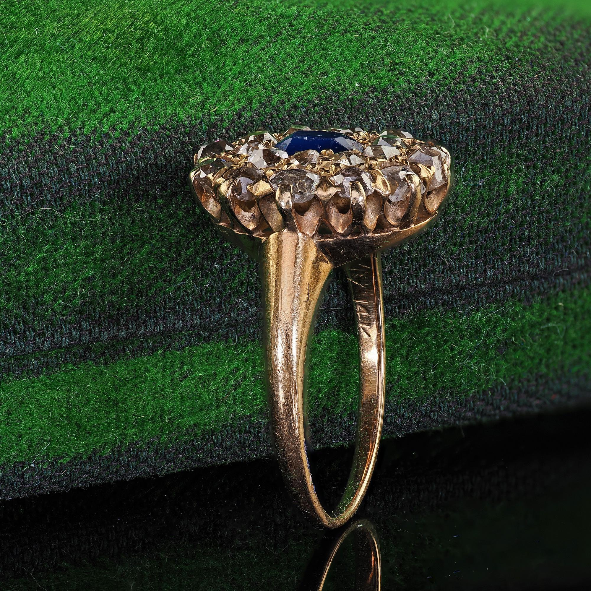 Antique Cushion Cut Antique Victorian 14K Yellow Gold Old Cut Diamond and Sapphire Cluster Ring