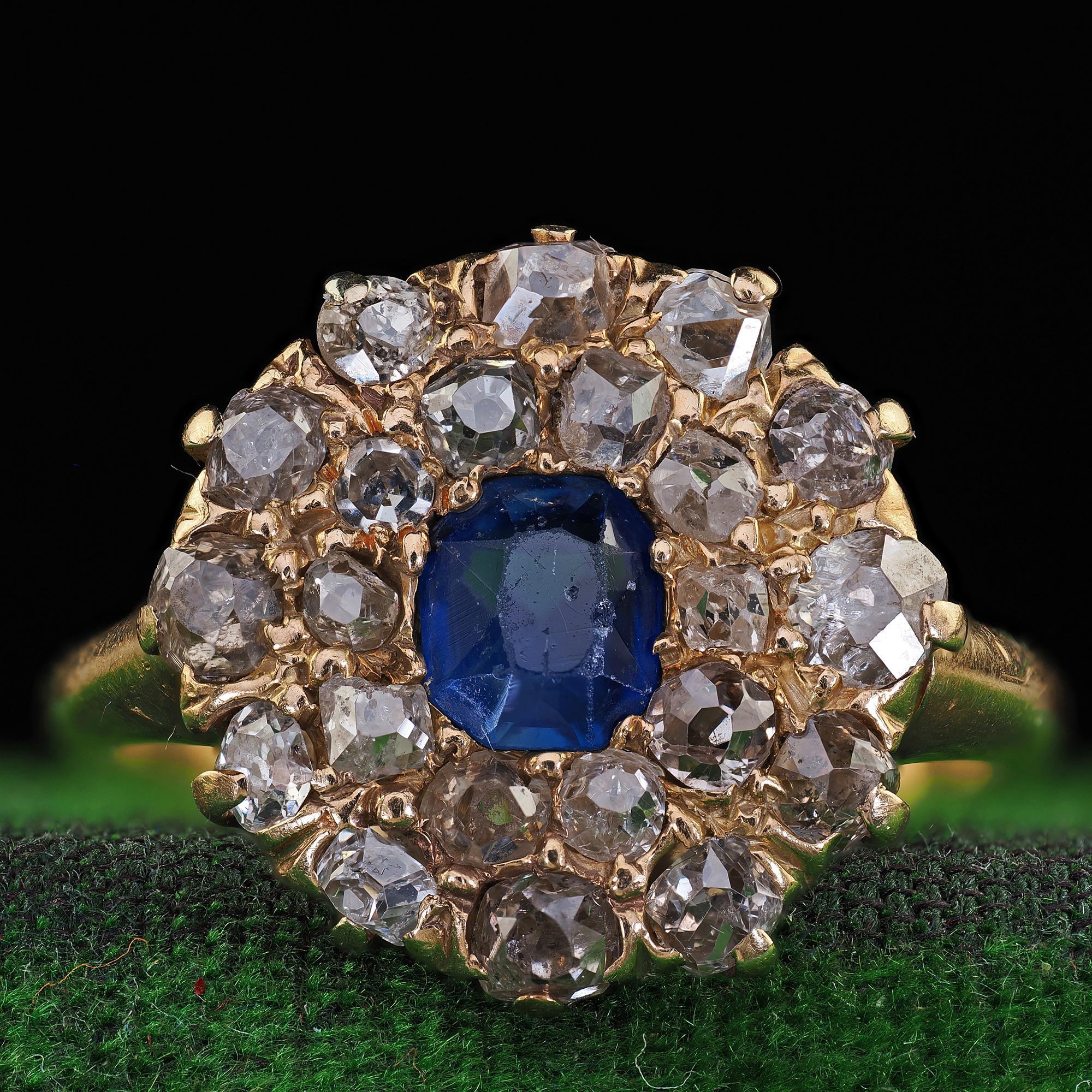 Antique Victorian 14K Yellow Gold Old Cut Diamond and Sapphire Cluster Ring In Good Condition In Great Neck, NY