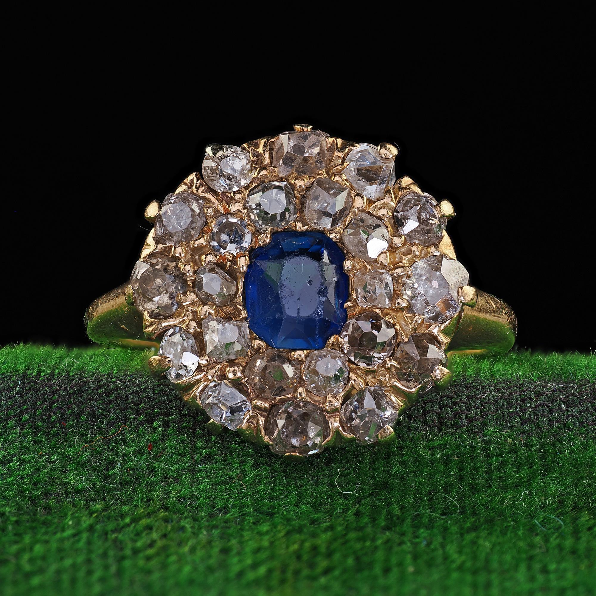 Women's Antique Victorian 14K Yellow Gold Old Cut Diamond and Sapphire Cluster Ring