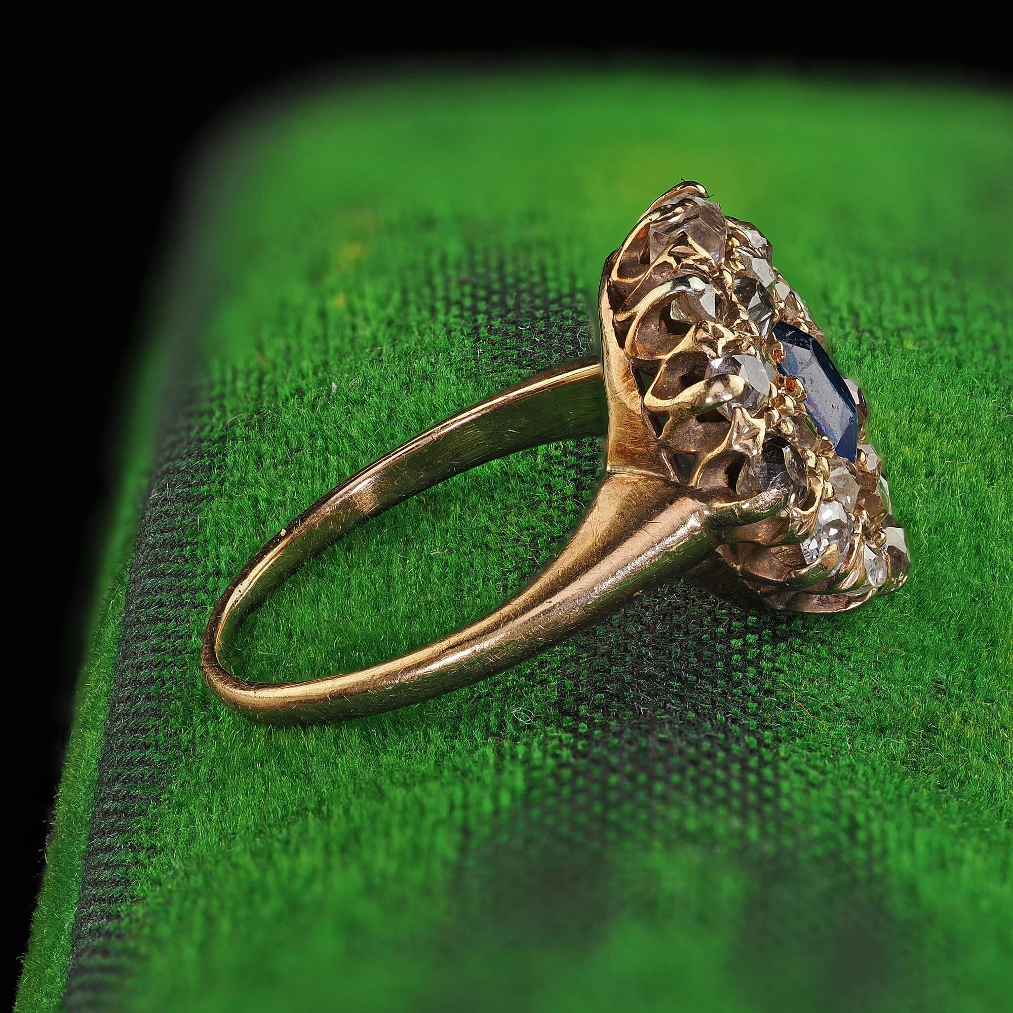 Antique Victorian 14K Yellow Gold Old Cut Diamond and Sapphire Cluster Ring 1
