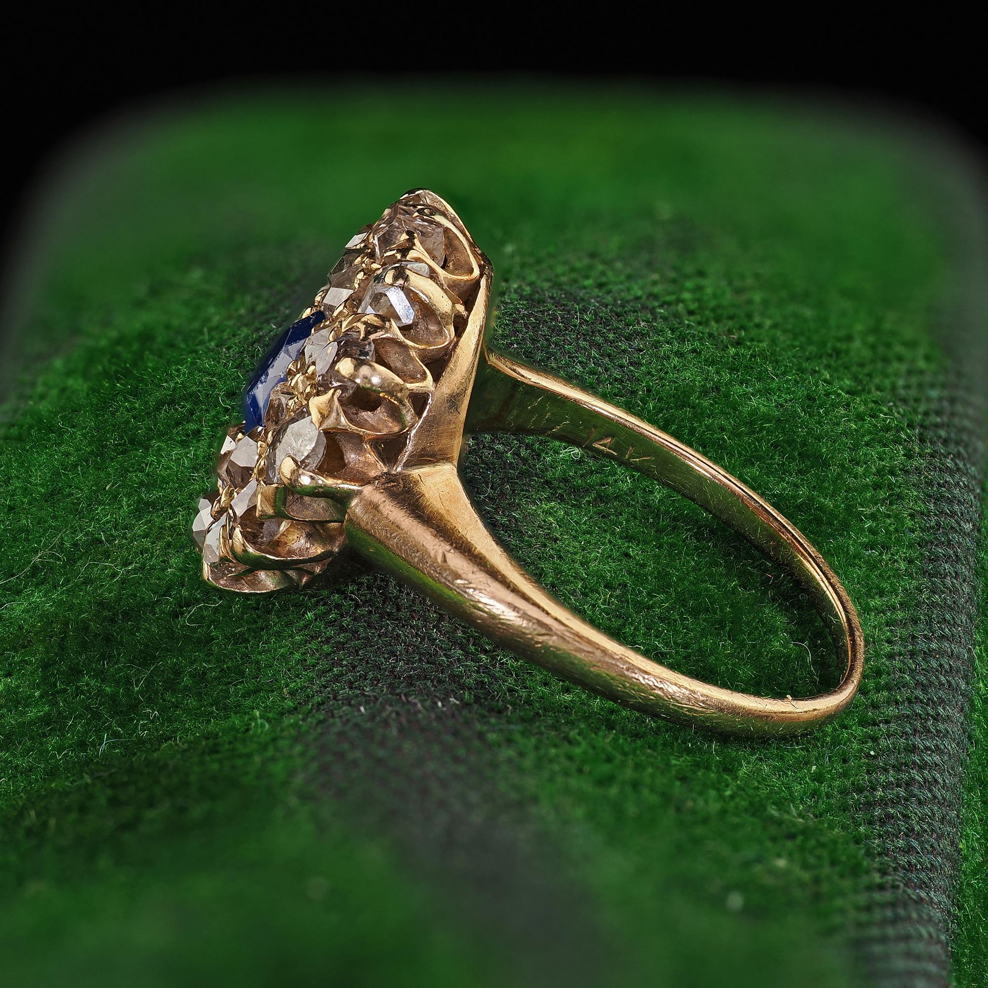 Antique Victorian 14K Yellow Gold Old Cut Diamond and Sapphire Cluster Ring 2
