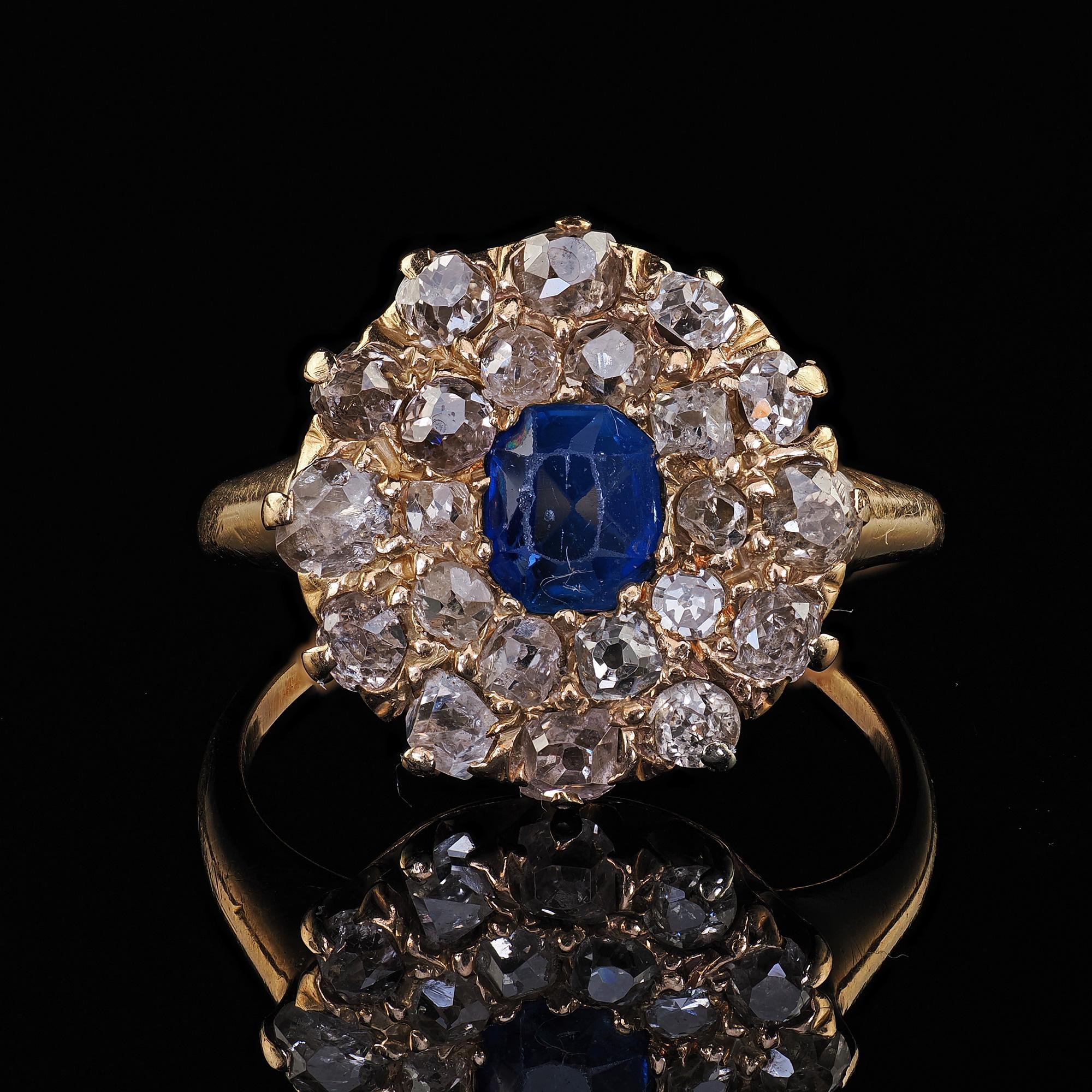 Antique Victorian 14K Yellow Gold Old Cut Diamond and Sapphire Cluster Ring 3