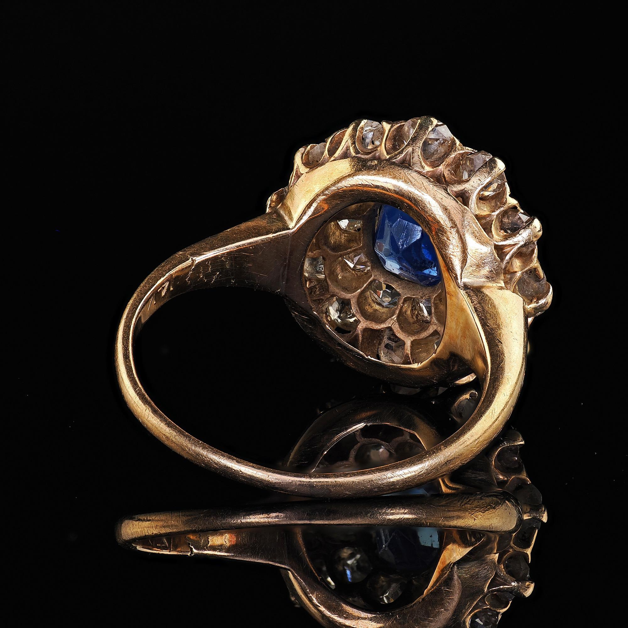 Antique Victorian 14K Yellow Gold Old Cut Diamond and Sapphire Cluster Ring 4