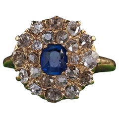 Antique Victorian 14K Yellow Gold Old Cut Diamond and Sapphire Cluster Ring