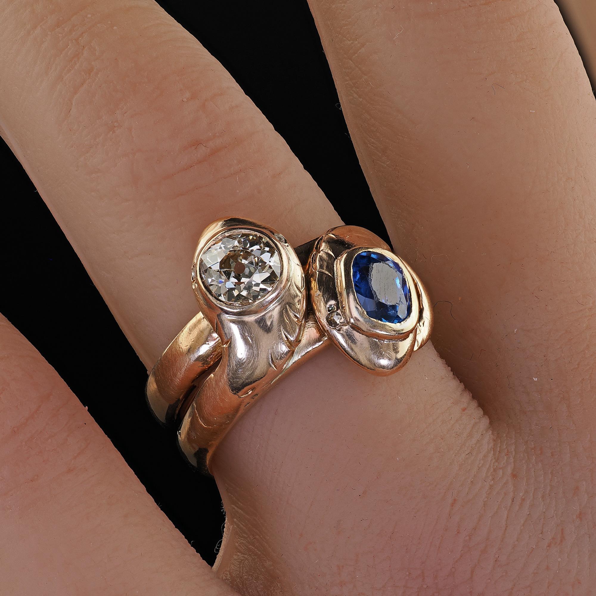 Antique Victorian 14K Yellow Gold Old Cut Diamond and Sapphire Double Snake Ring 5