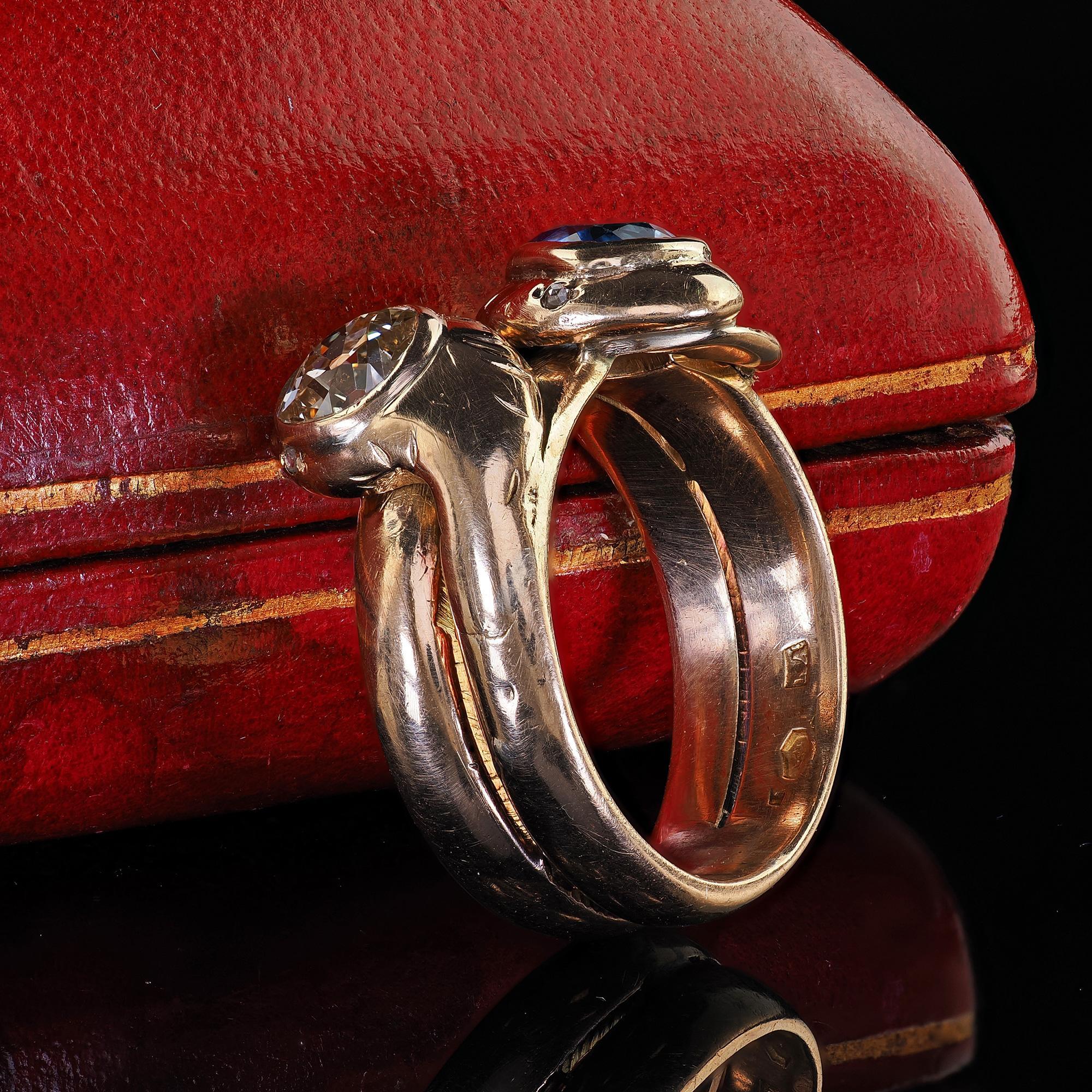 Antique Cushion Cut Antique Victorian 14K Yellow Gold Old Cut Diamond and Sapphire Double Snake Ring