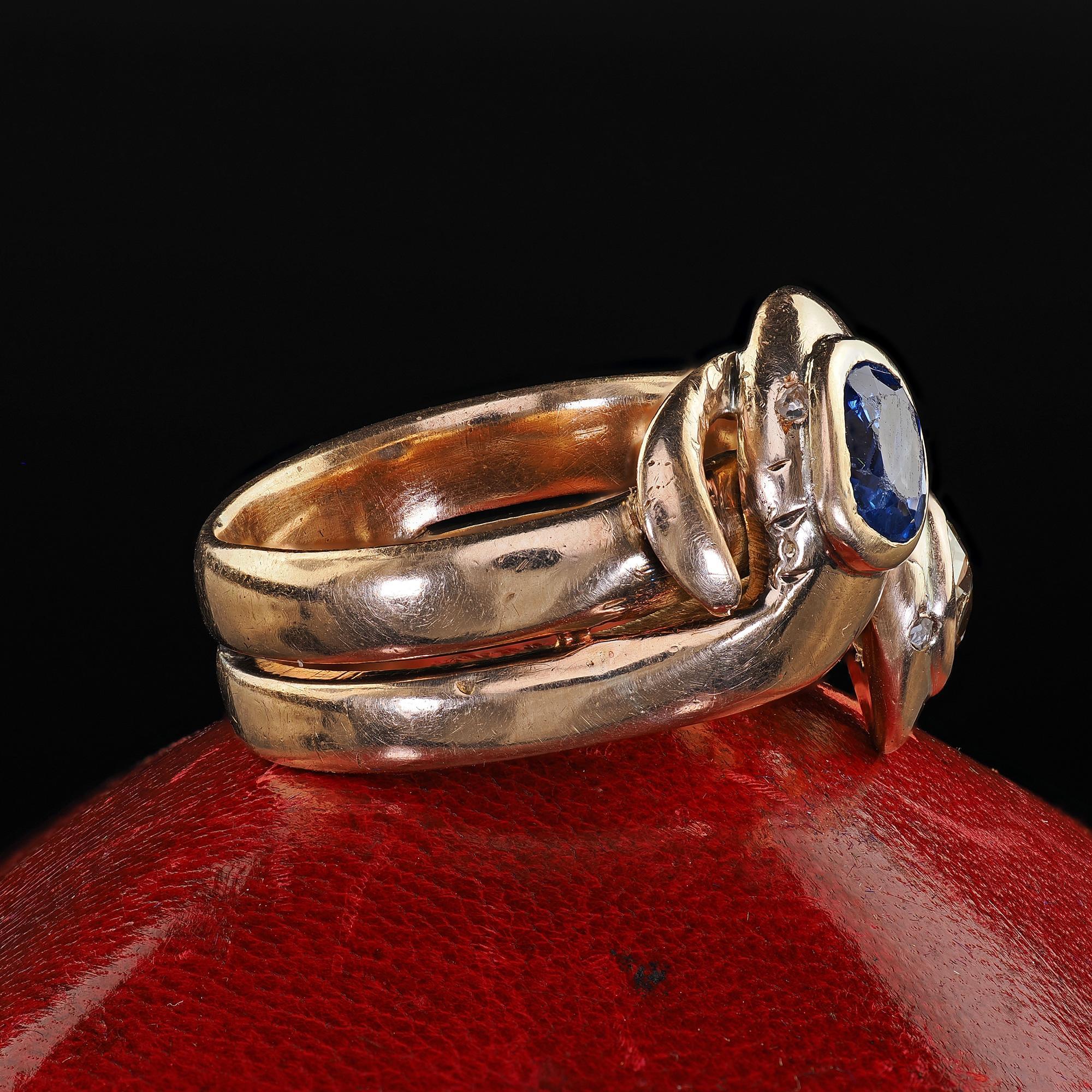 Antique Victorian 14K Yellow Gold Old Cut Diamond and Sapphire Double Snake Ring In Good Condition In Great Neck, NY