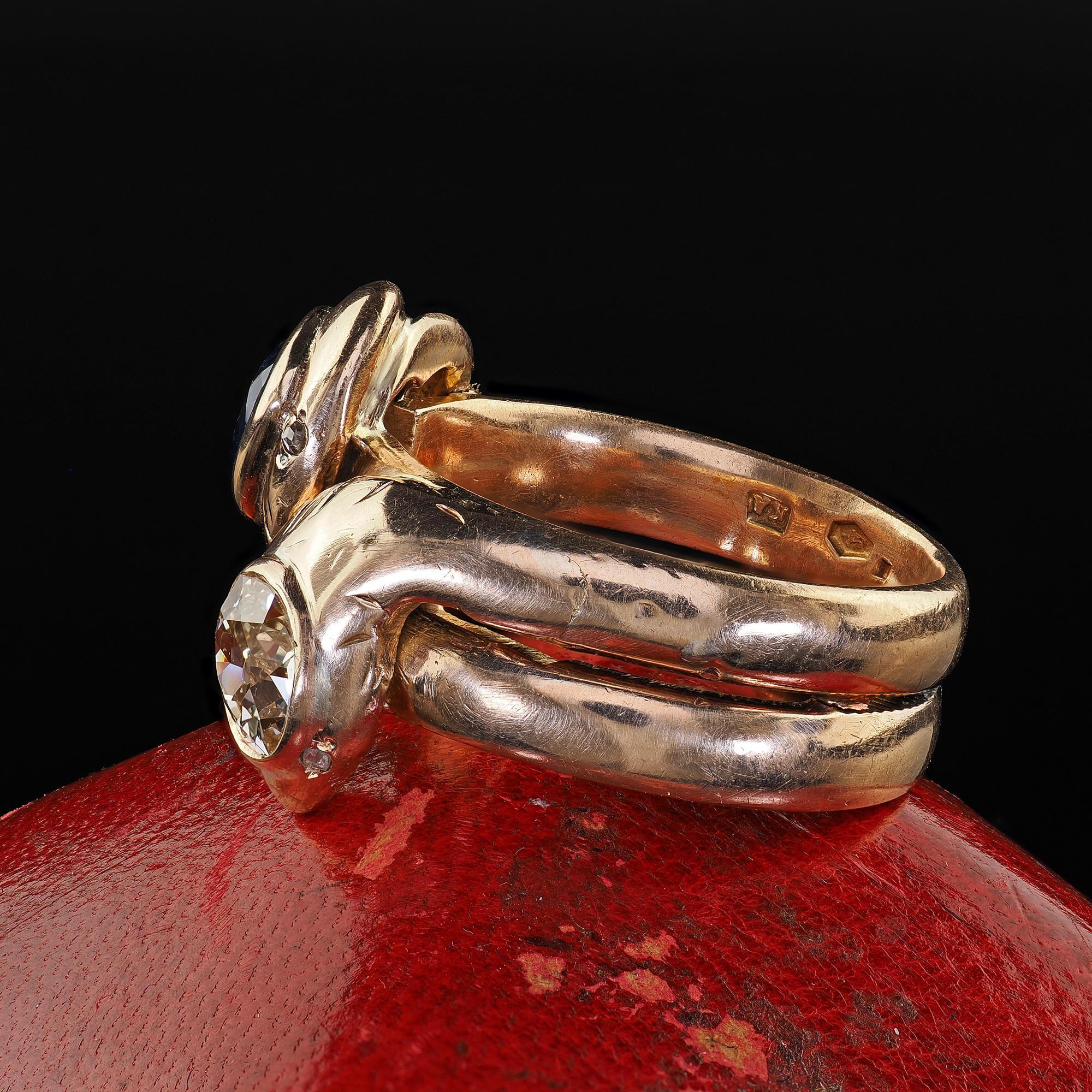 Women's Antique Victorian 14K Yellow Gold Old Cut Diamond and Sapphire Double Snake Ring