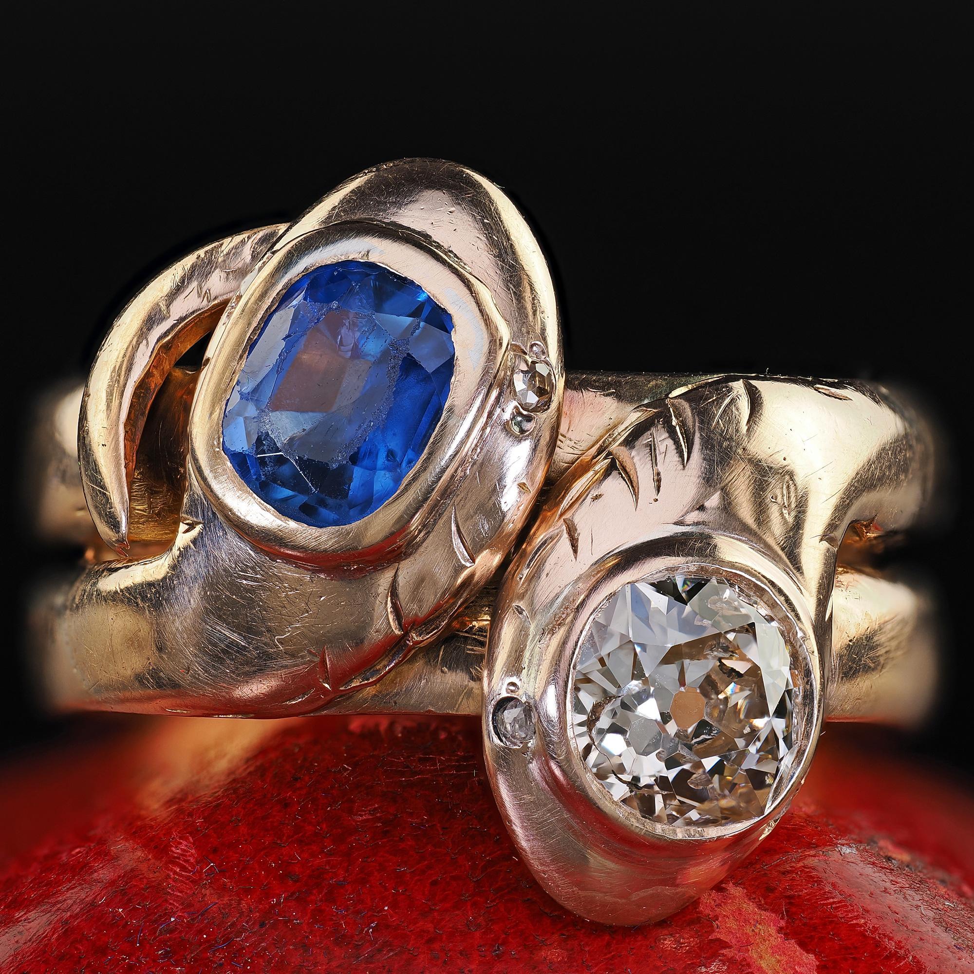 Antique Victorian 14K Yellow Gold Old Cut Diamond and Sapphire Double Snake Ring 1