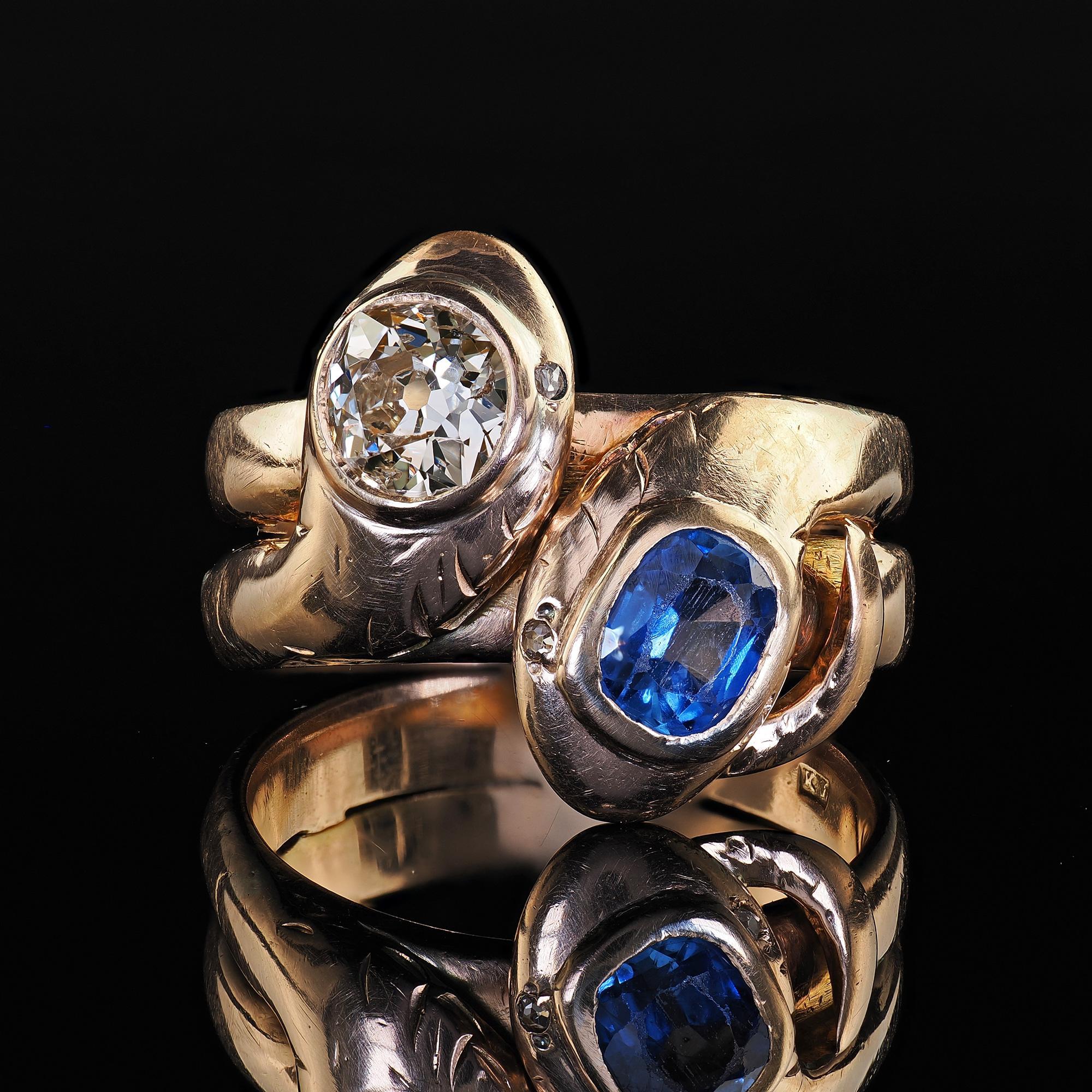 Antique Victorian 14K Yellow Gold Old Cut Diamond and Sapphire Double Snake Ring 2