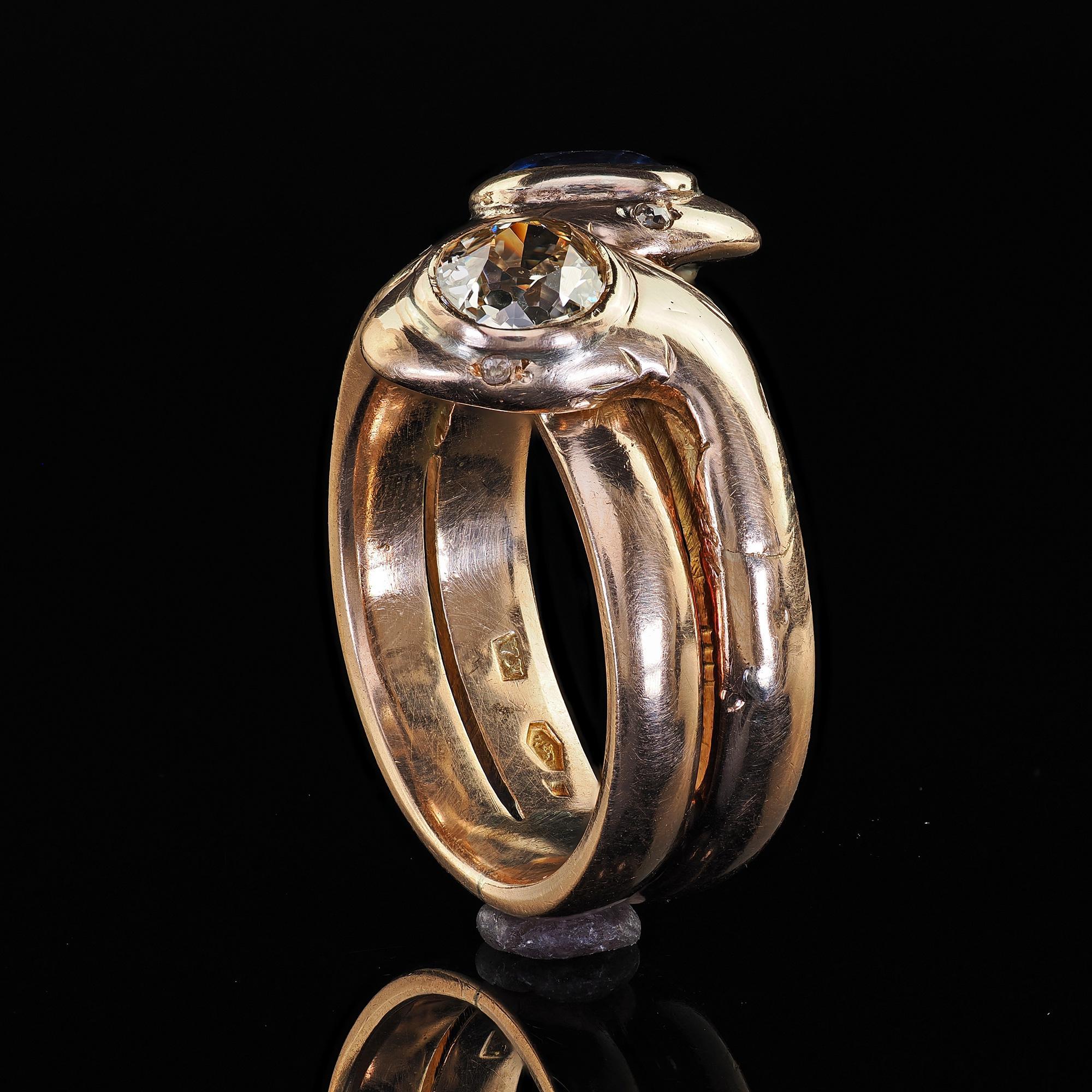 Antique Victorian 14K Yellow Gold Old Cut Diamond and Sapphire Double Snake Ring 4