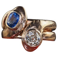 Antique Victorian 14K Yellow Gold Old Cut Diamond and Sapphire Double Snake Ring