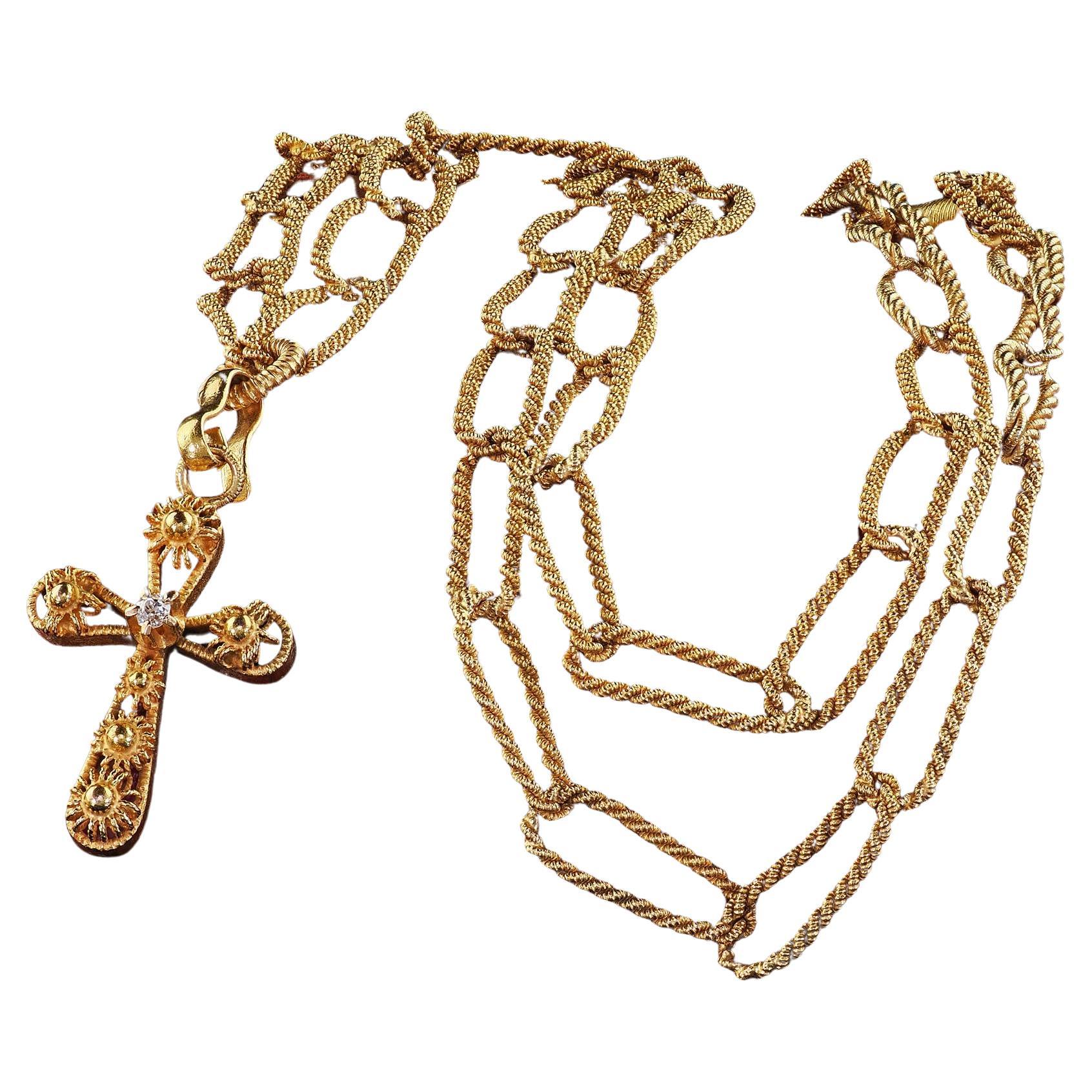 Antique Victorian 14K Yellow Gold Old Cut Diamond Cross Pendant Necklace