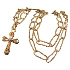 Collier pendentif croix en or jaune 14K à diamants anciens taillés