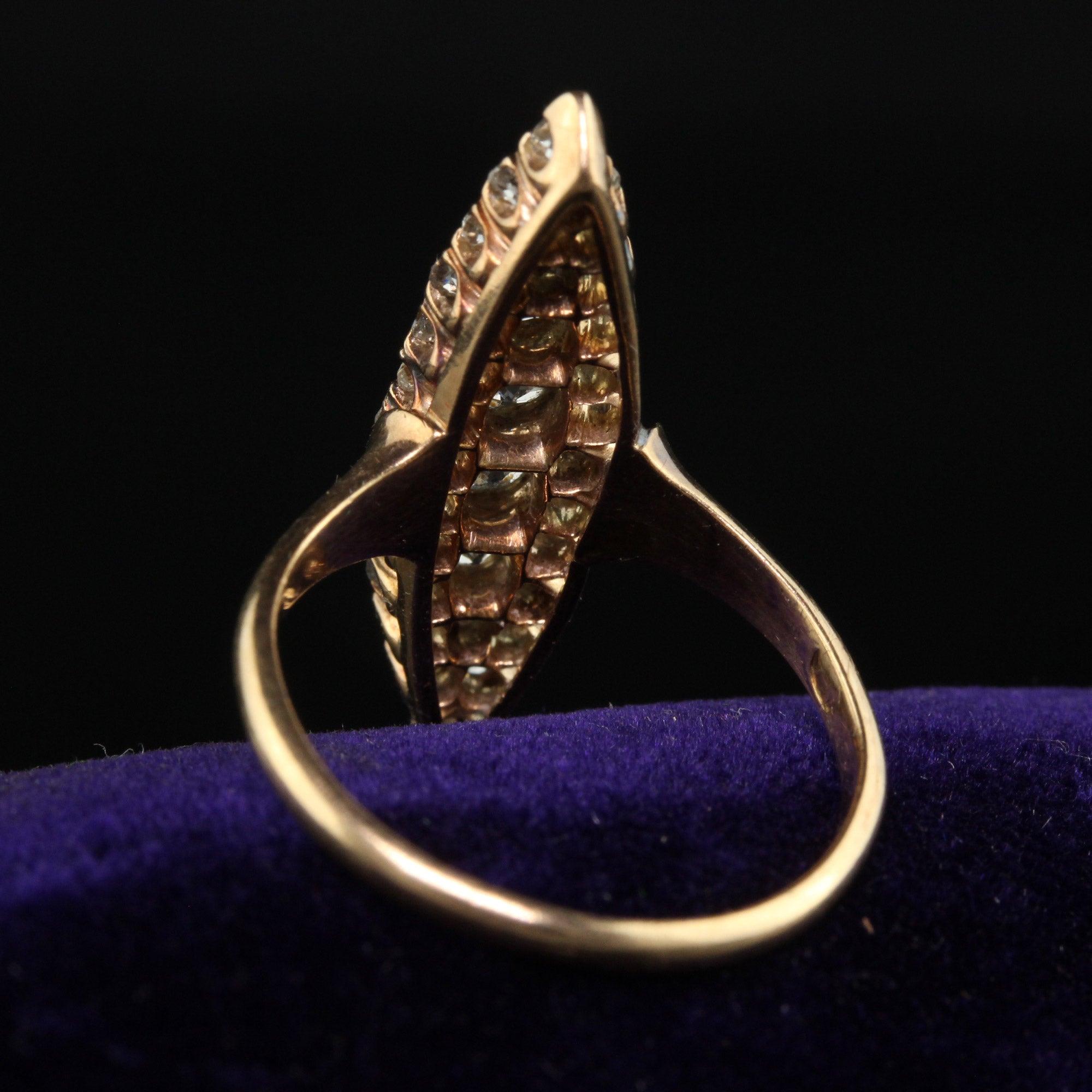 Antique Victorian 14K Yellow Gold Old Cut Diamond Navette Cocktail Ring In Good Condition For Sale In Great Neck, NY