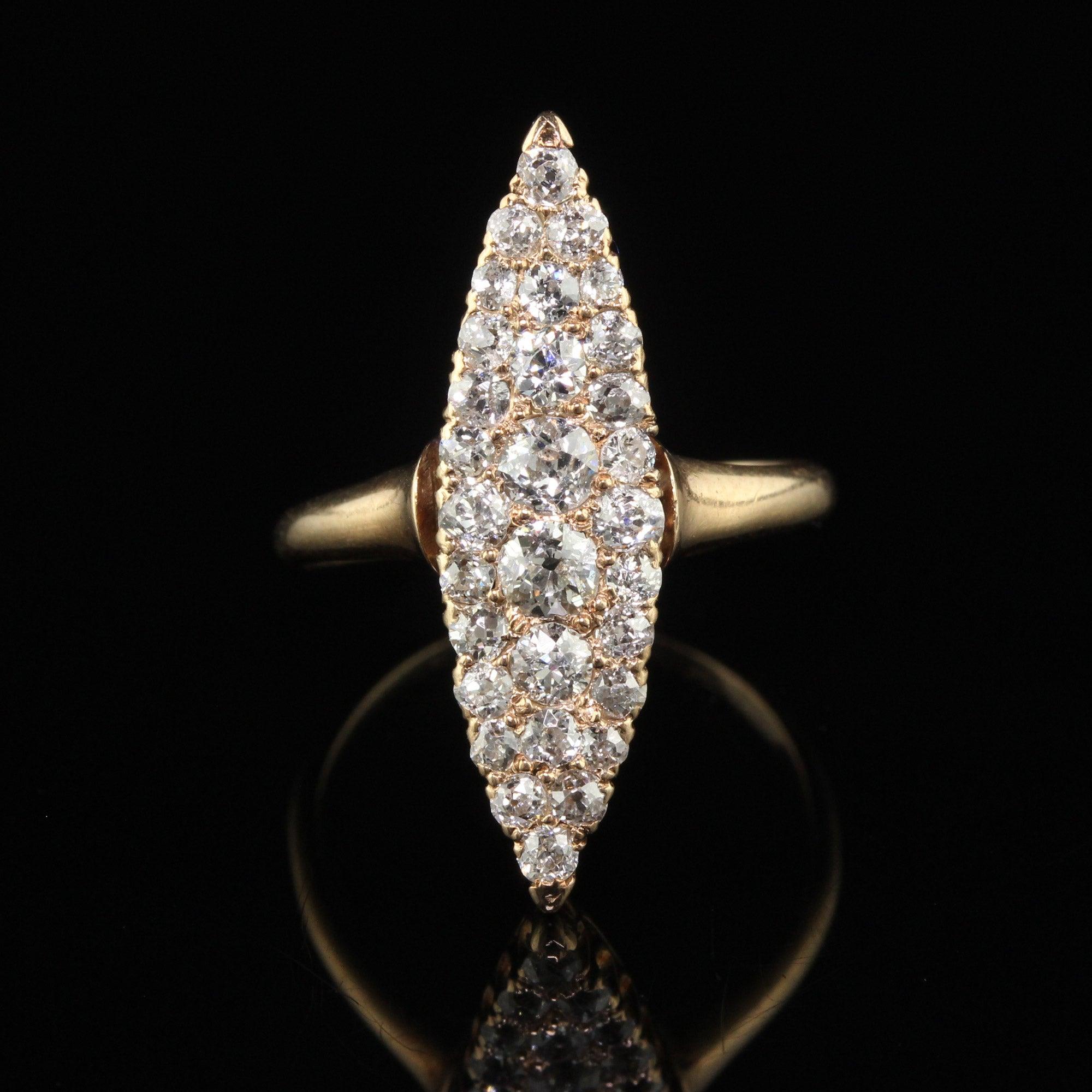 Women's Antique Victorian 14K Yellow Gold Old Cut Diamond Navette Cocktail Ring For Sale