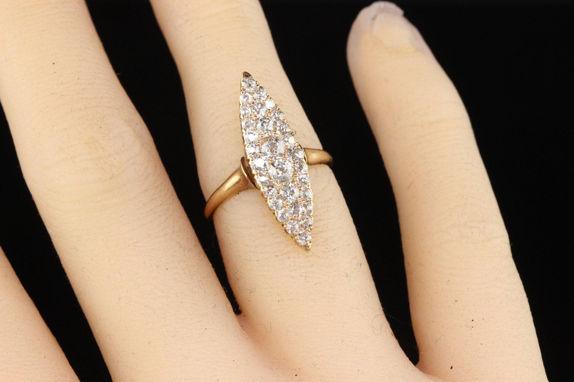 Antique Victorian 14K Yellow Gold Old Cut Diamond Navette Cocktail Ring For Sale 3