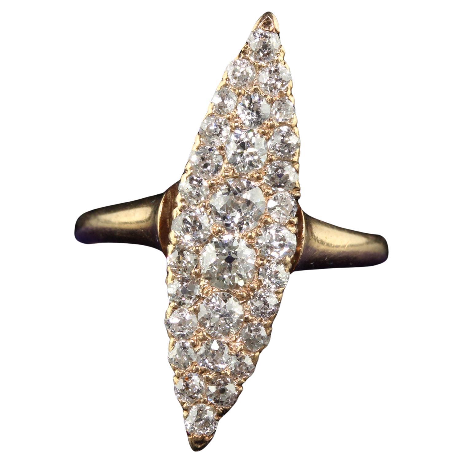 Antique Victorian 14K Yellow Gold Old Cut Diamond Navette Cocktail Ring For Sale
