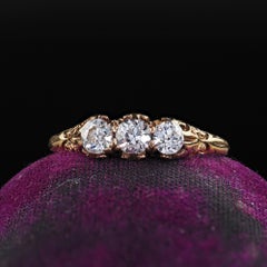 Antique Victorian 14K Yellow Gold Old Cut Diamond Three Stone Engraved Ring
