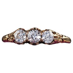Antique Victorian 14K Yellow Gold Old Cut Diamond Three Stone Engraved Ring