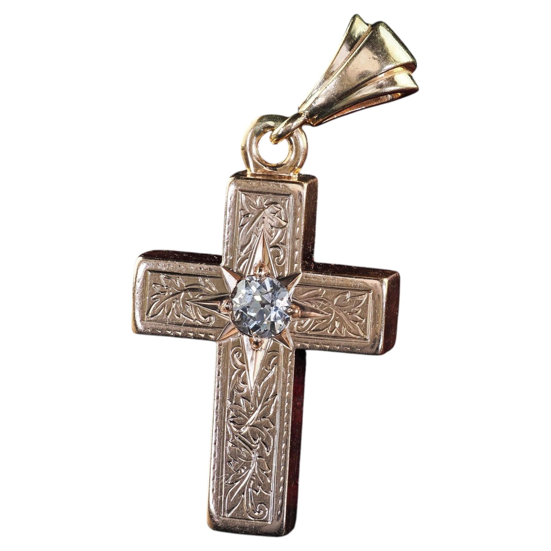 Antique Victorian 14K Yellow Gold Old Euro Diamond Double Sided Cross Pendant