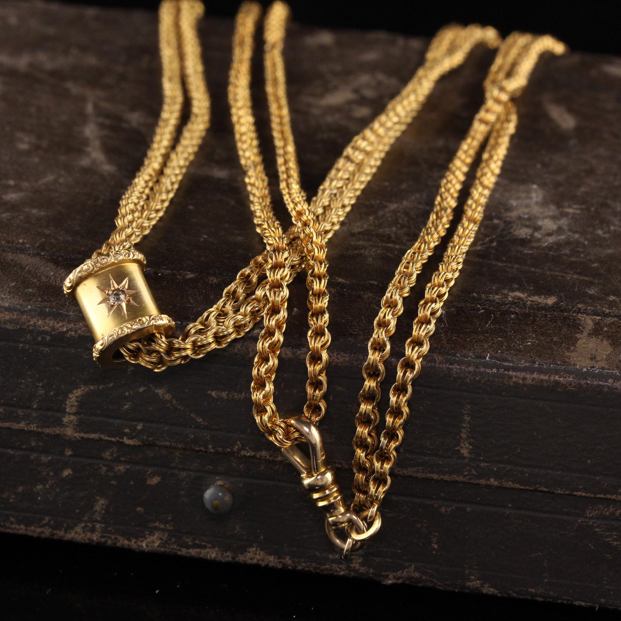 Beautiful Antique Victorian 14K Yellow Gold Old Euro Diamond Lariat Necklace - 50 inches. This beautiful necklace is crafted in 14k yellow gold. The necklace is an intricate lightweight chain weave with a lariat slider that has an old european cut