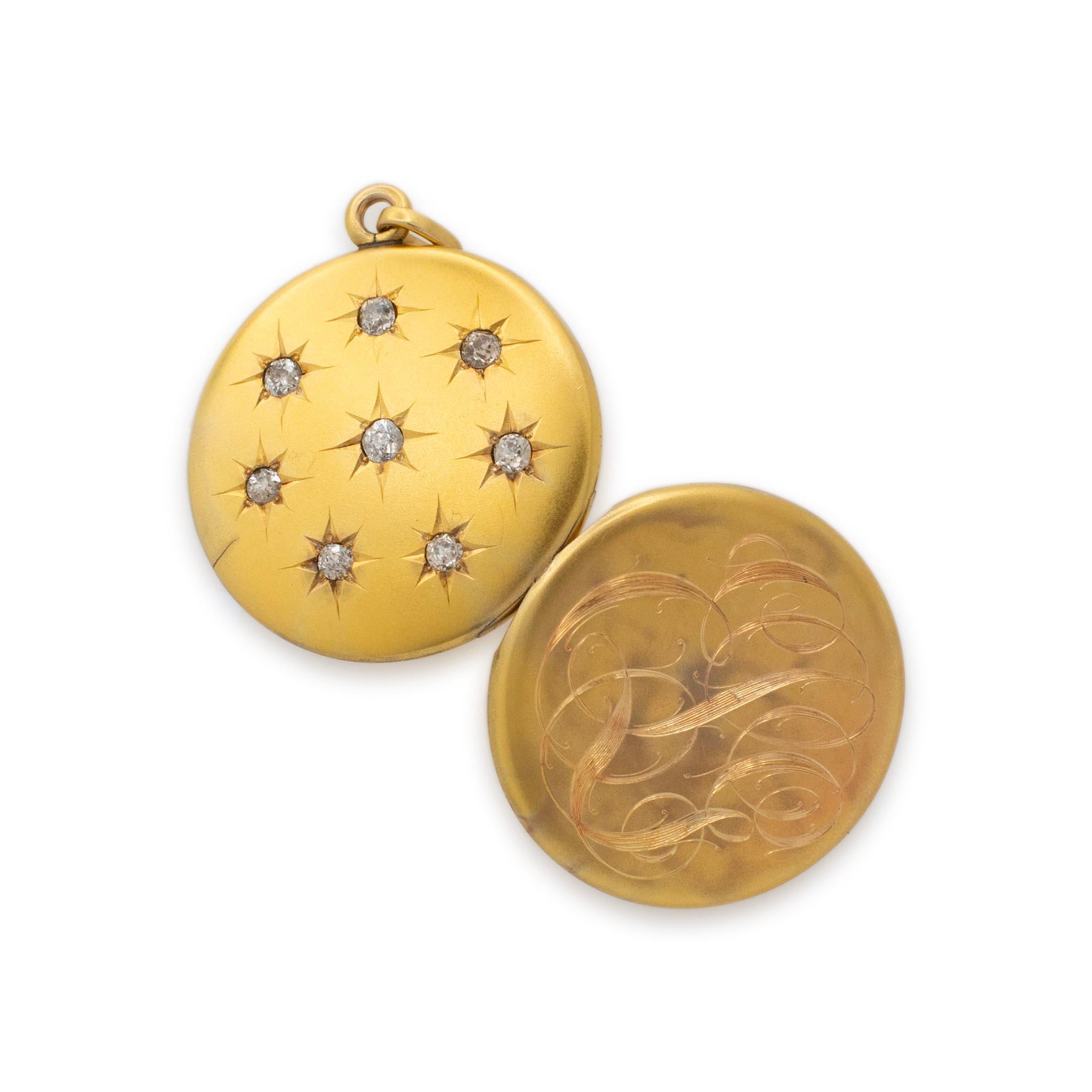 Antike viktorianische 14K Gelbgold Old European Cut Diamond Runde Medaillon Anhänger im Zustand „Hervorragend“ in Houston, TX