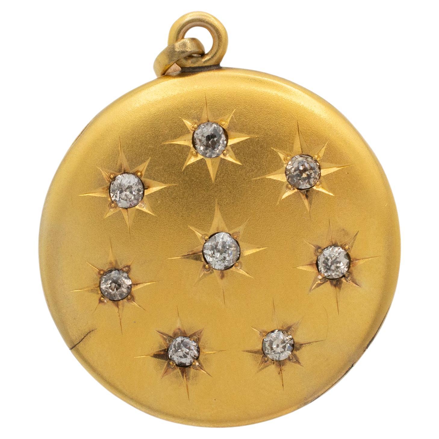 Antique Victorian 14K Yellow Gold Old European Cut Diamond Round Locket Pendant For Sale