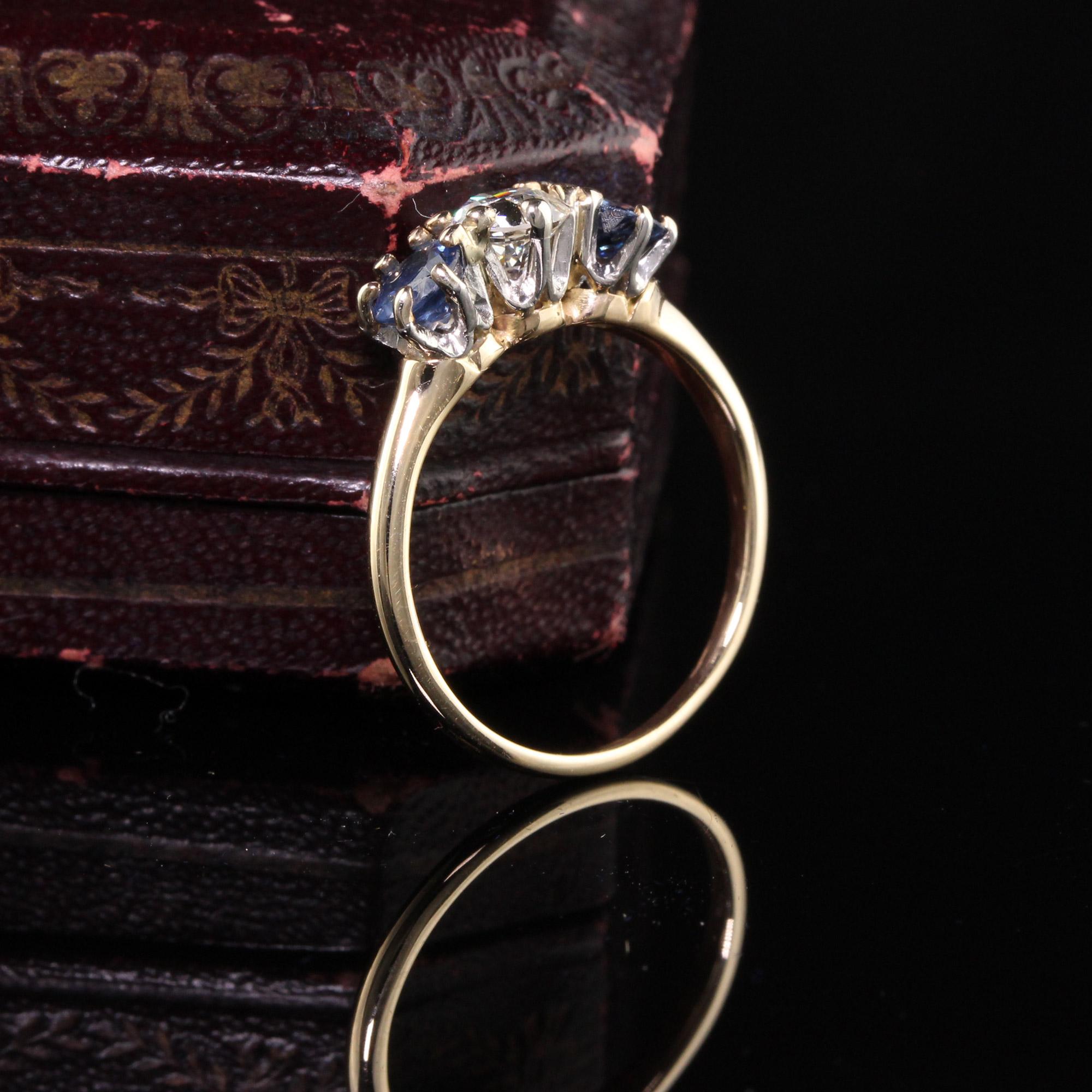 Old European Cut Antique Victorian 14K Yellow Gold Old European Diamond Sapphire Three Stone Ring