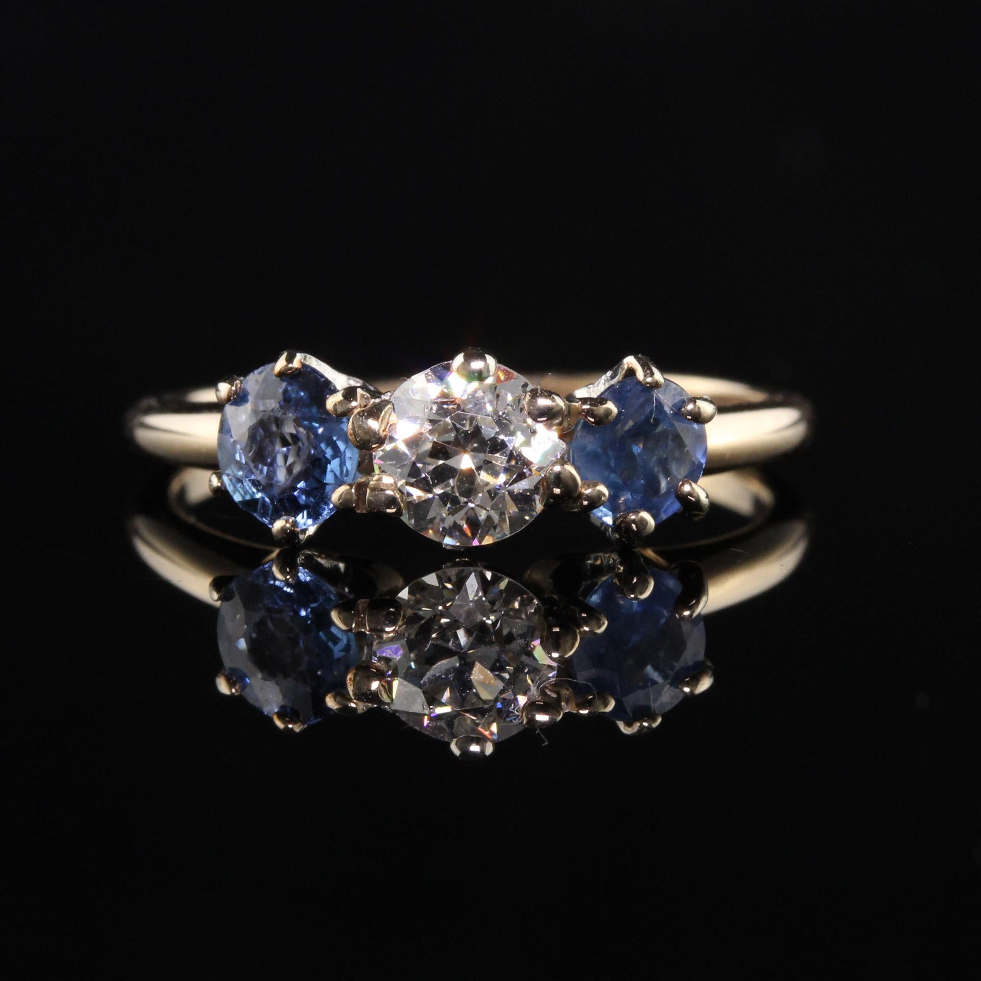 Antique Victorian 14K Yellow Gold Old European Diamond Sapphire Three Stone Ring In Good Condition In Great Neck, NY