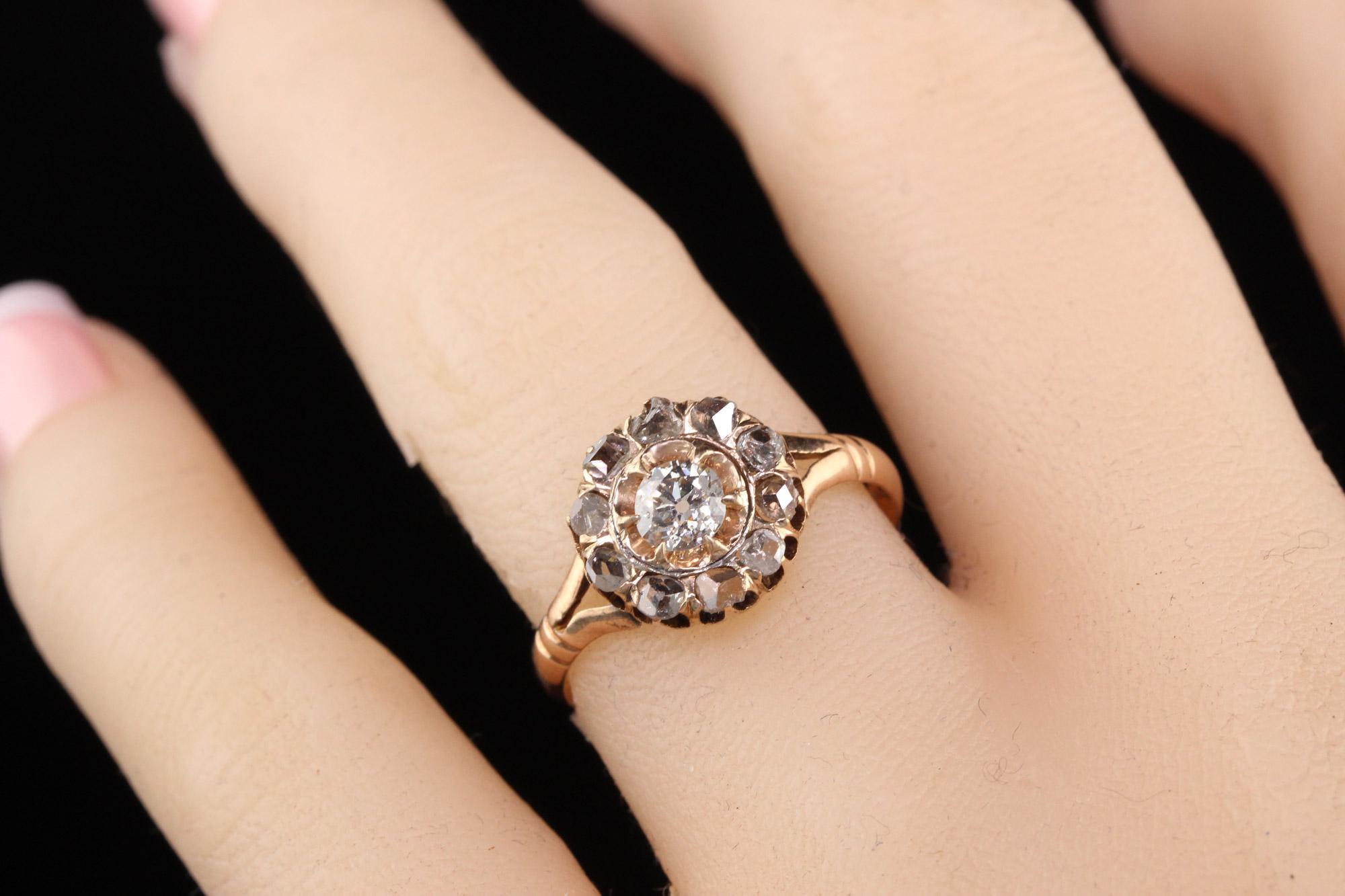 Antique Victorian 14K Yellow Gold Old Mine and Rose Cut Diamond Engagement Ring In Good Condition For Sale In Great Neck, NY