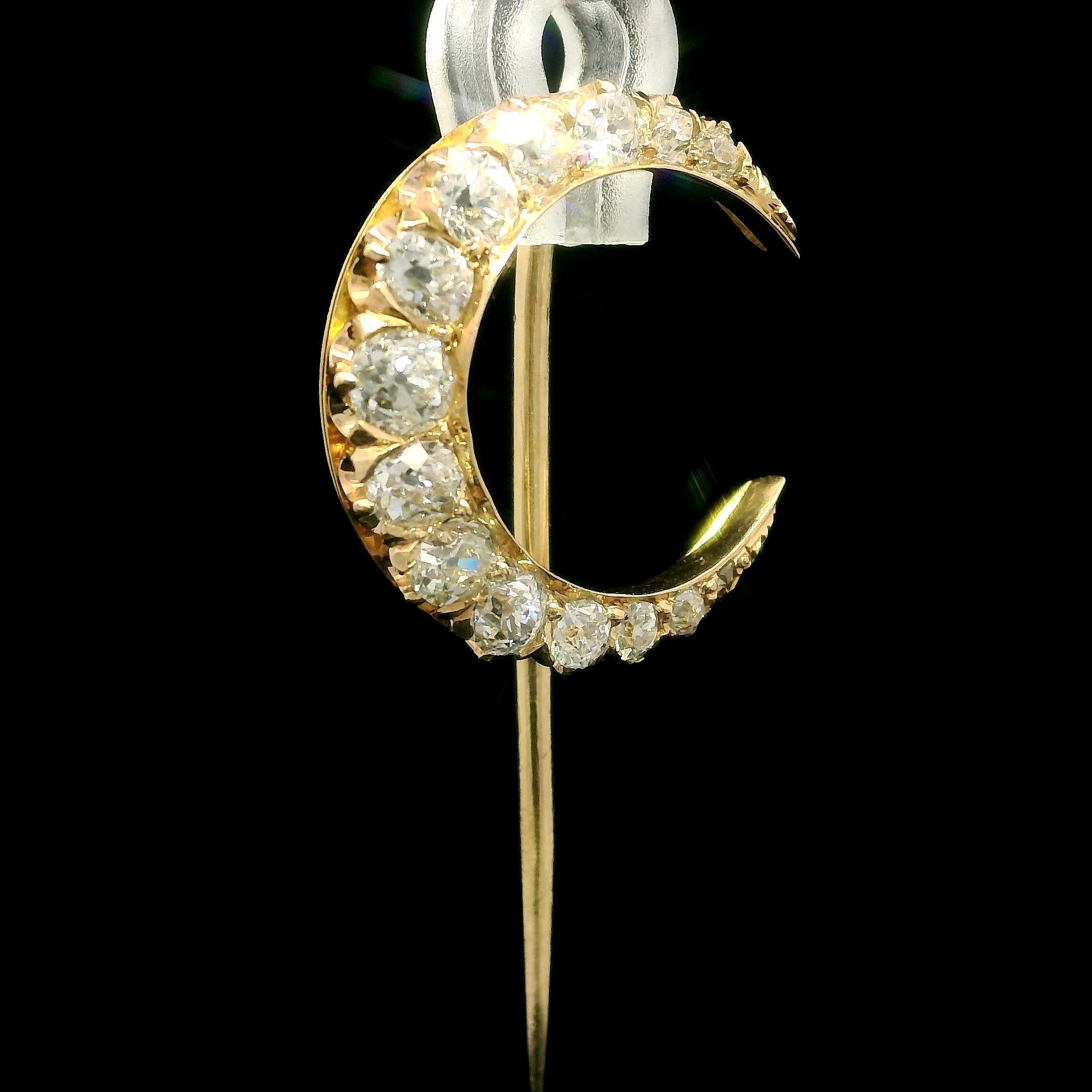 Women's or Men's Antique Victorian 14k Yellow Gold Old Mine Cut Diamond Crescent Stick Pin