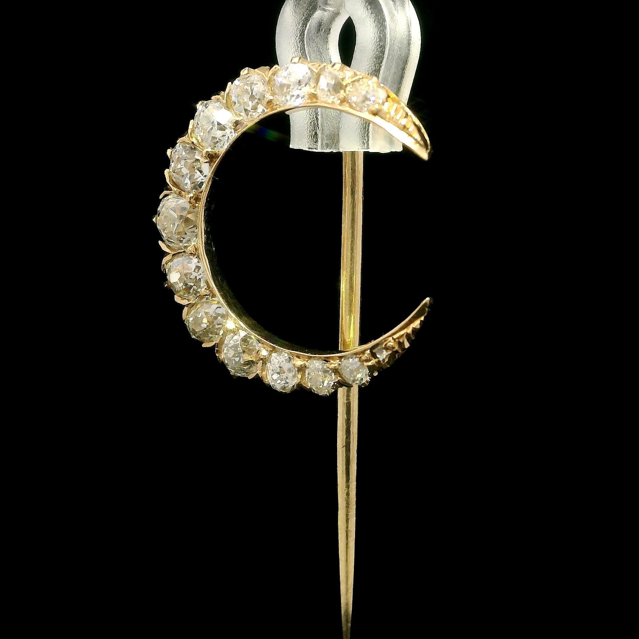 Antique Victorian 14k Yellow Gold Old Mine Cut Diamond Crescent Stick Pin 1