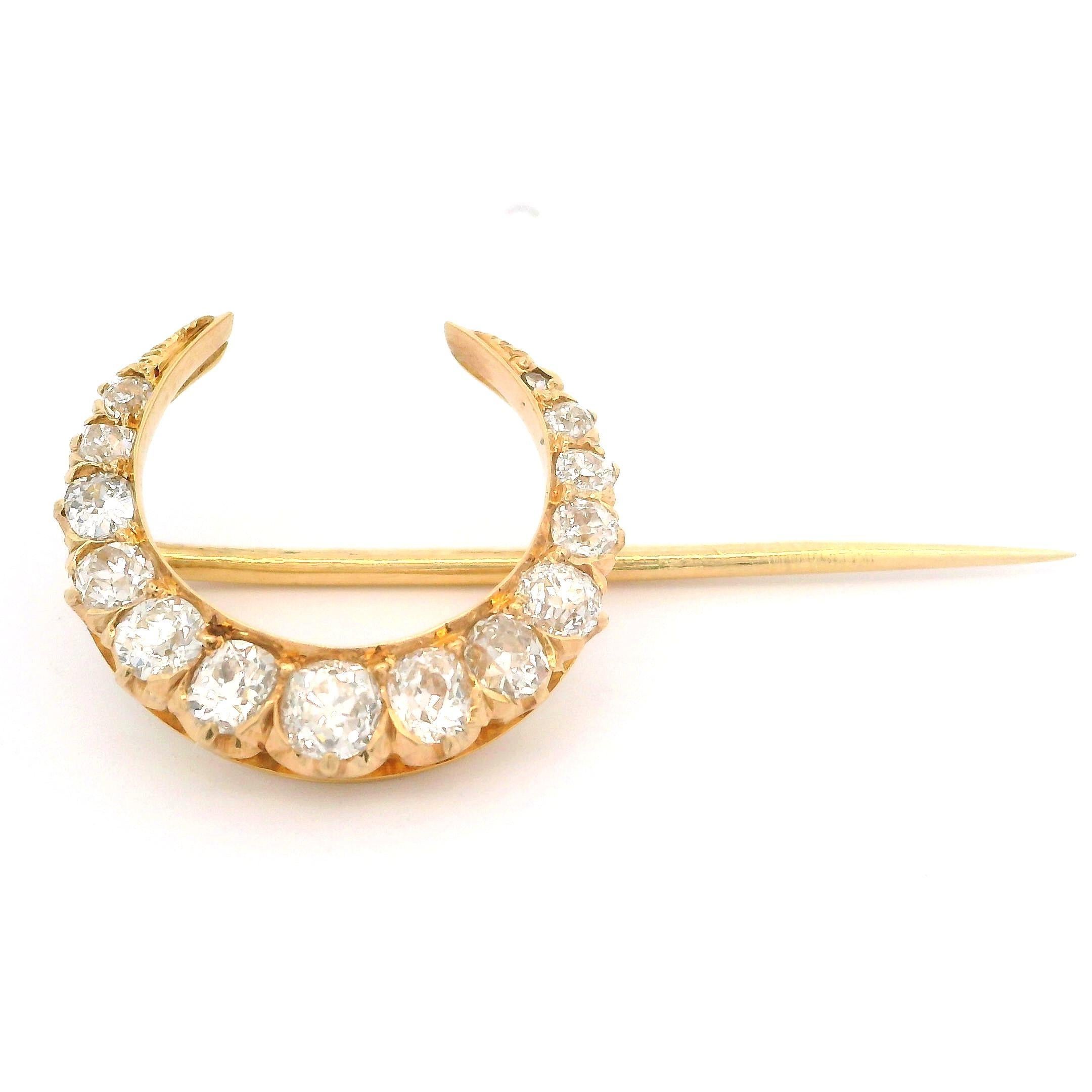 Antique Victorian 14k Yellow Gold Old Mine Cut Diamond Crescent Stick Pin 2