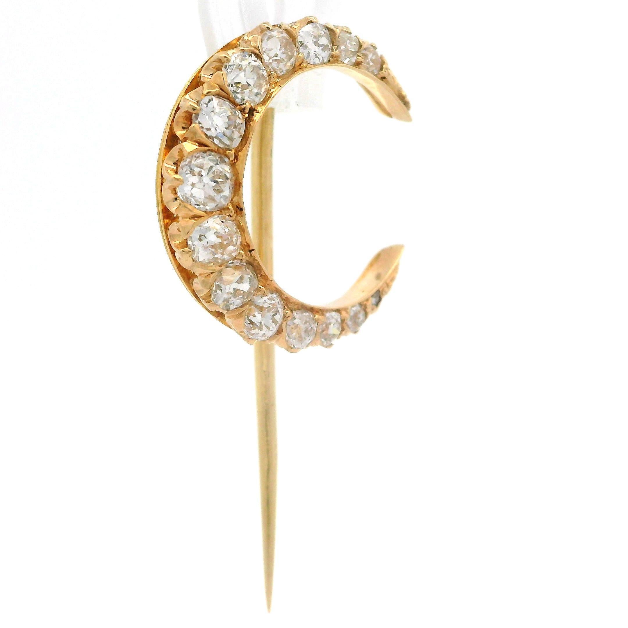 Antique Victorian 14k Yellow Gold Old Mine Cut Diamond Crescent Stick Pin 5