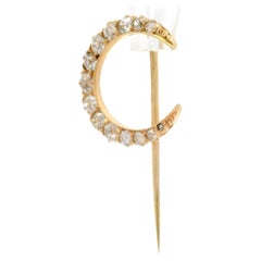 Antico spillone vittoriano in oro giallo 14k con diamante a mezzaluna tagliato a miniera