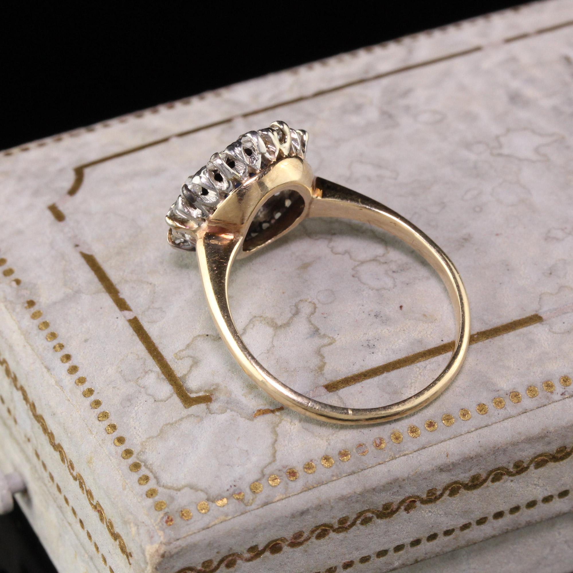Beautiful Antique Victorian 14K Yellow Gold Old Mine Cut Diamond Sapphire Engagement Ring. This beautiful Victorian ring has a synthetic sapphire in the center surrounded by old mine cut diamonds. Synthetic stones were commonly used on many period