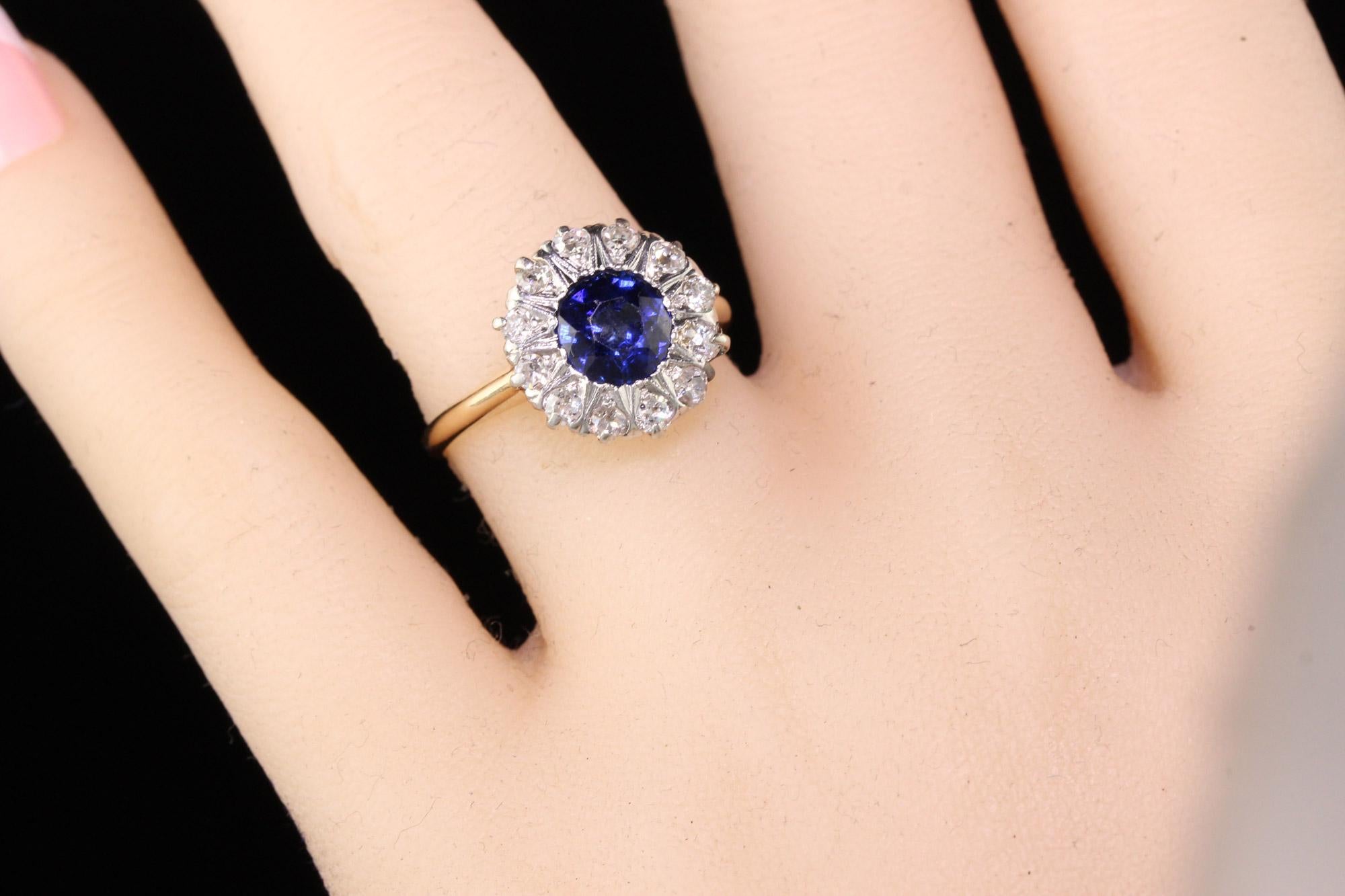 Antique Victorian 14 Karat Yellow Gold Old Mine Cut Diamond Sapphire Ring In Good Condition In Great Neck, NY