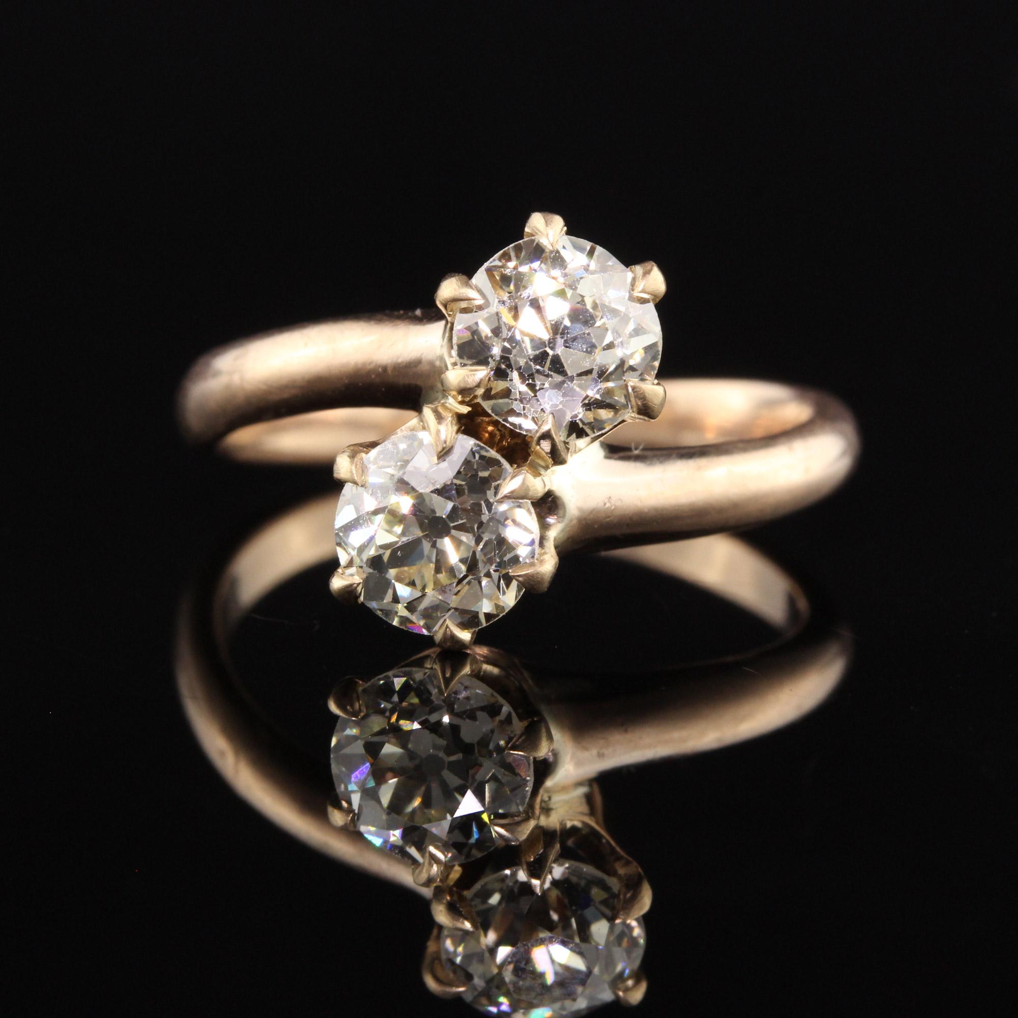 Women's Antique Victorian 14K Yellow Gold Old Mine Cut Diamond Toi et Moi Ring