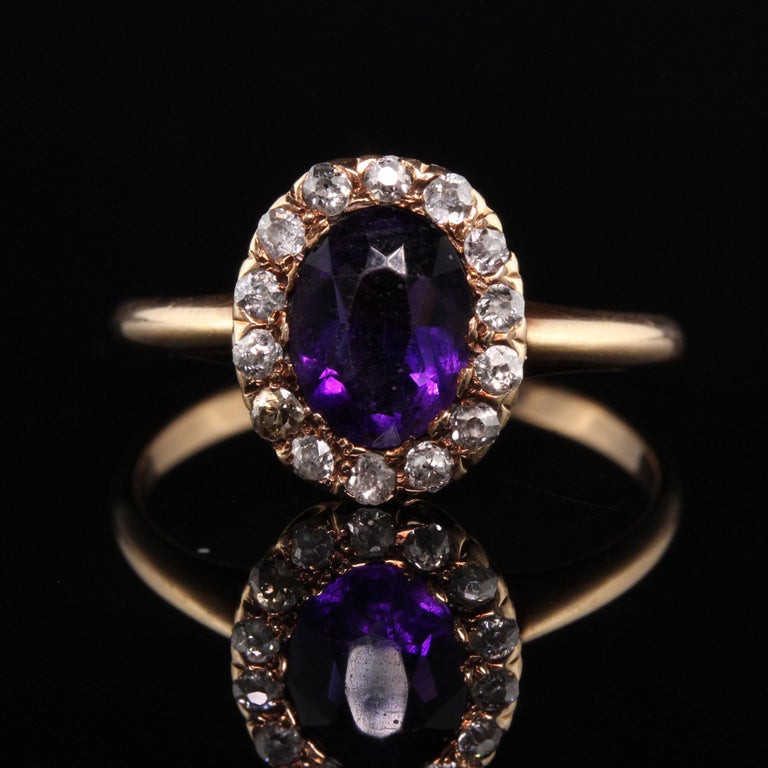 Antique Victorian 14K Yellow Gold Old Mine Diamond Amethyst Engagement Ring In Good Condition For Sale In Great Neck, NY