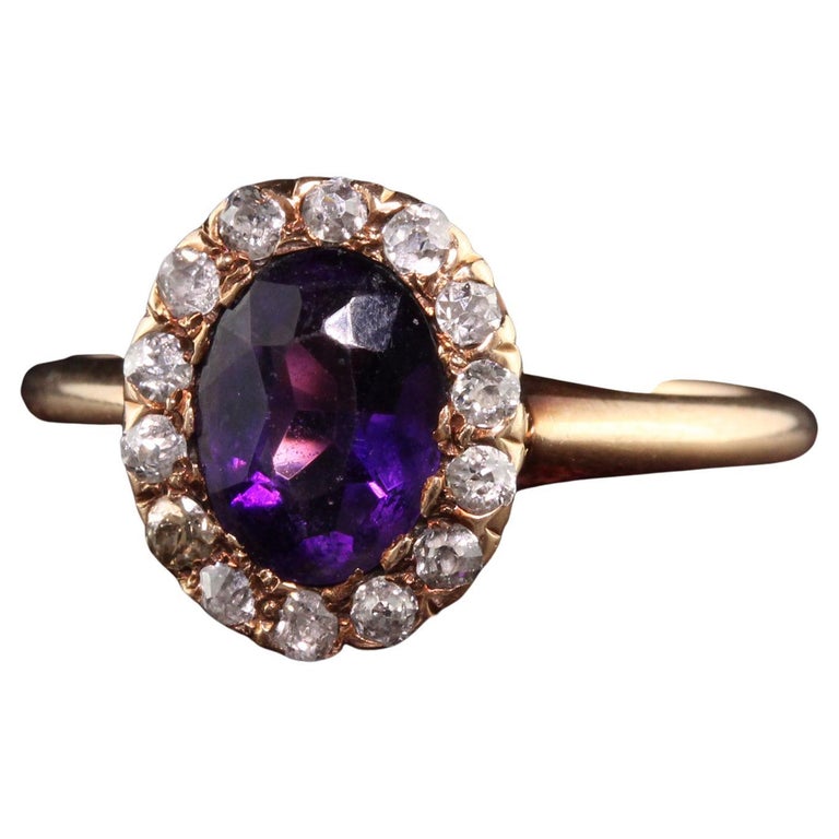 Antique Victorian 14K Yellow Gold Old Mine Diamond Amethyst Engagement Ring For Sale