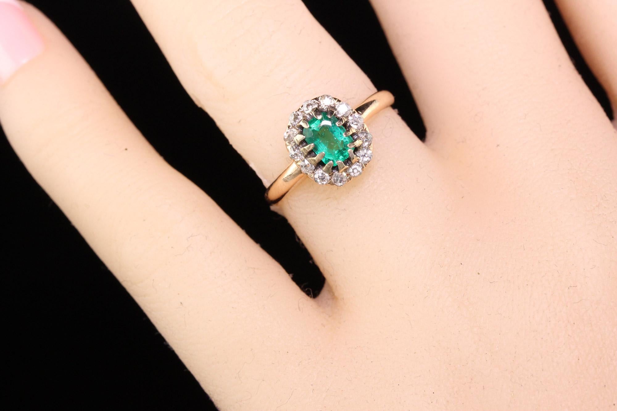 Emerald Cut Antique Victorian 14 Karat Yellow Gold Old Mine Diamond and Emerald Ring