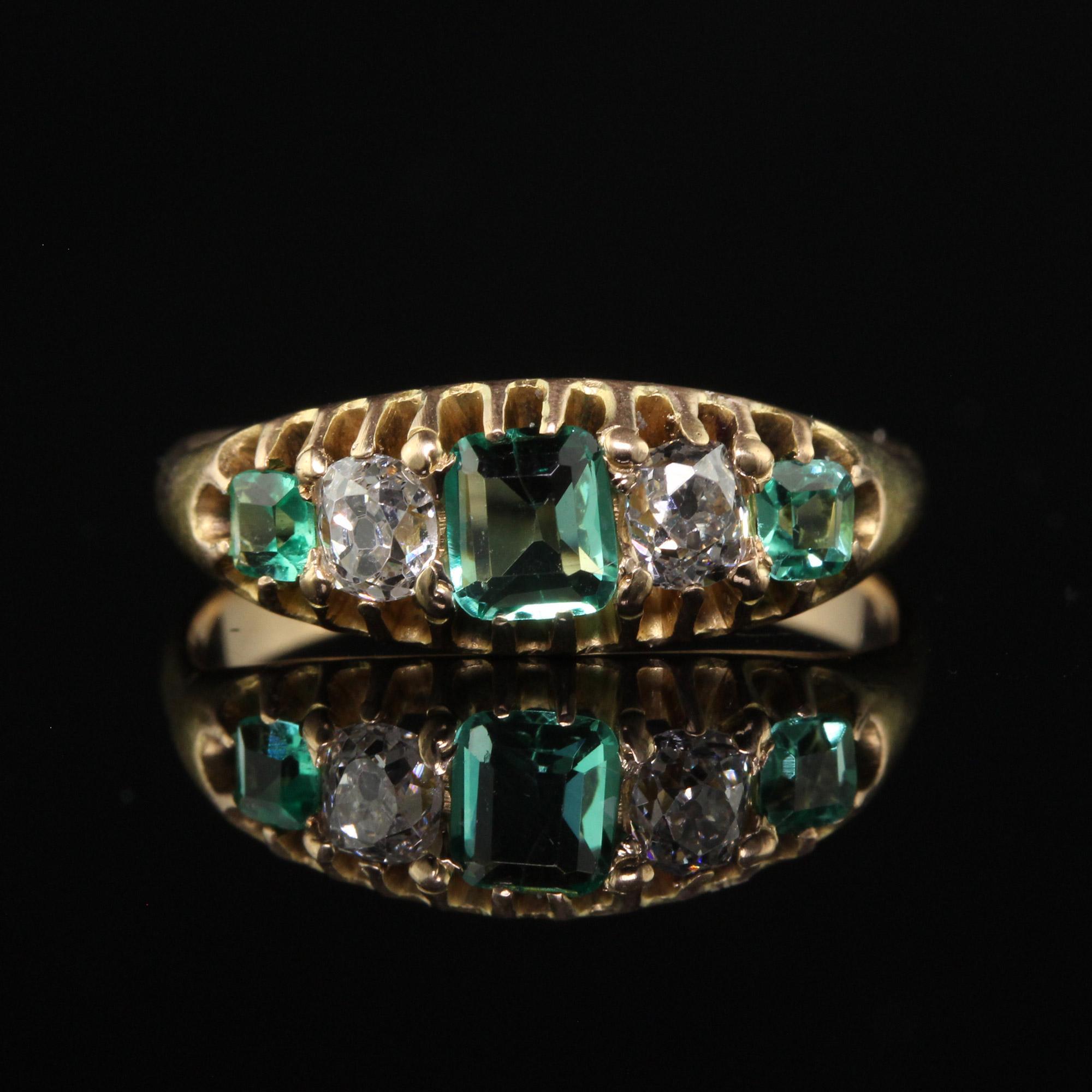 Antique Victorian 14K Yellow Gold Old Mine Diamond and Emerald Five Stone Ring In Good Condition For Sale In Great Neck, NY